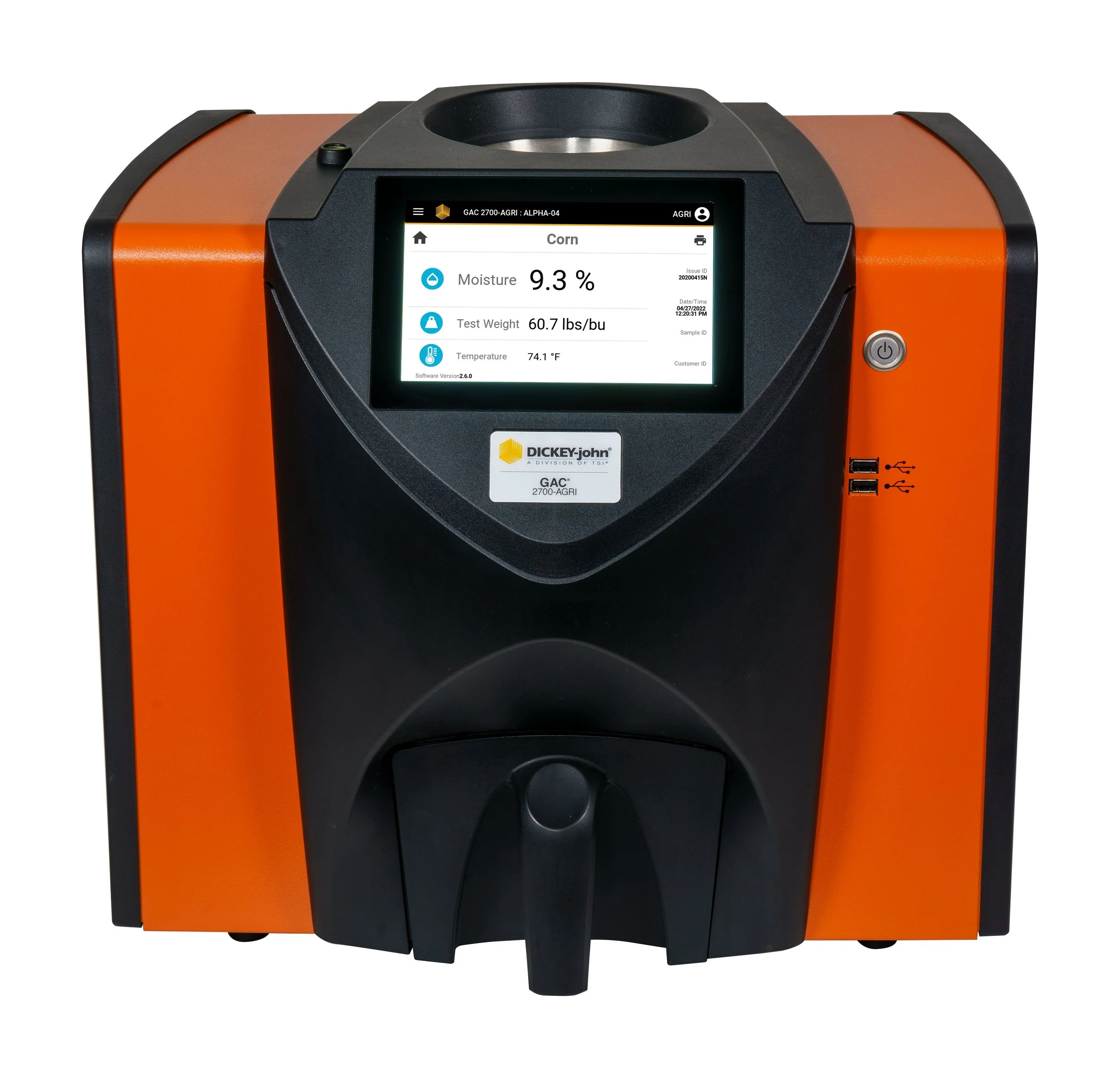 A portable device with a digital screen displaying moisture, test weight, and temperature readings for corn, with orange and black casing.