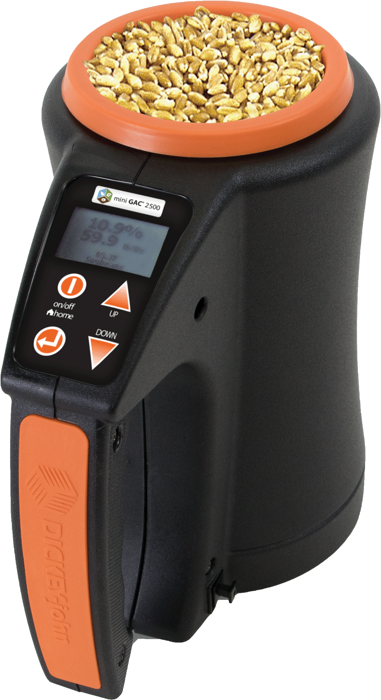 A laboratory device with a digital display and orange and black design, holding a bowl filled with small, yellow grains.