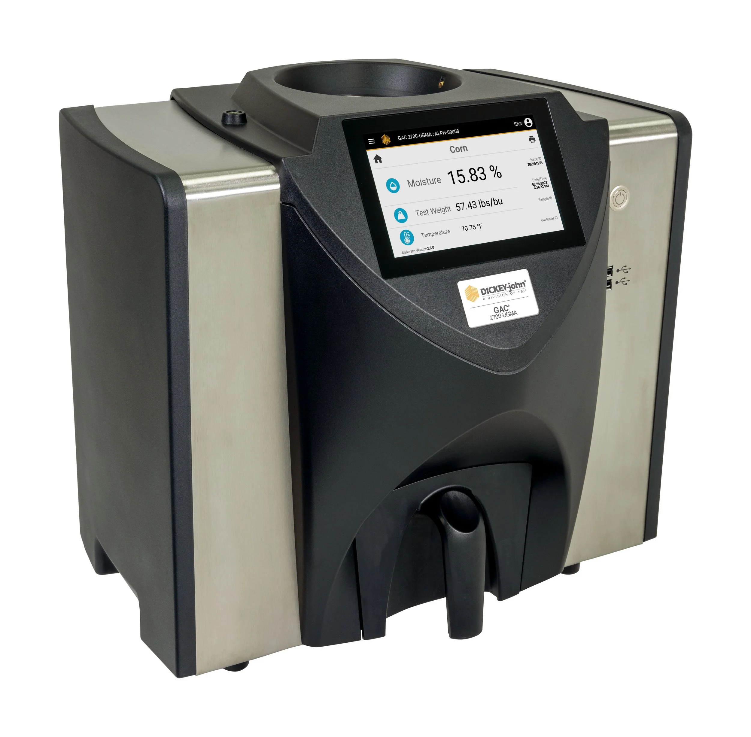 A laboratory moisture tester with a digital display showing moisture content of corn at 15.83%.