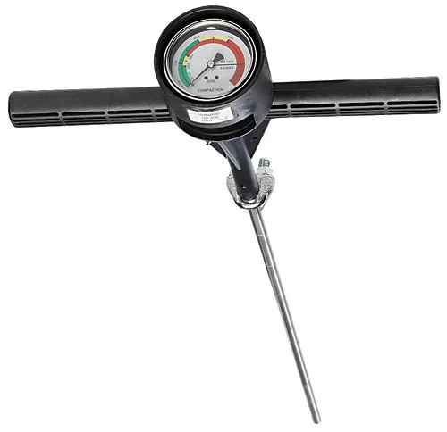 A compression gauge attached to a long metal rod, used for measuring tire pressure.
