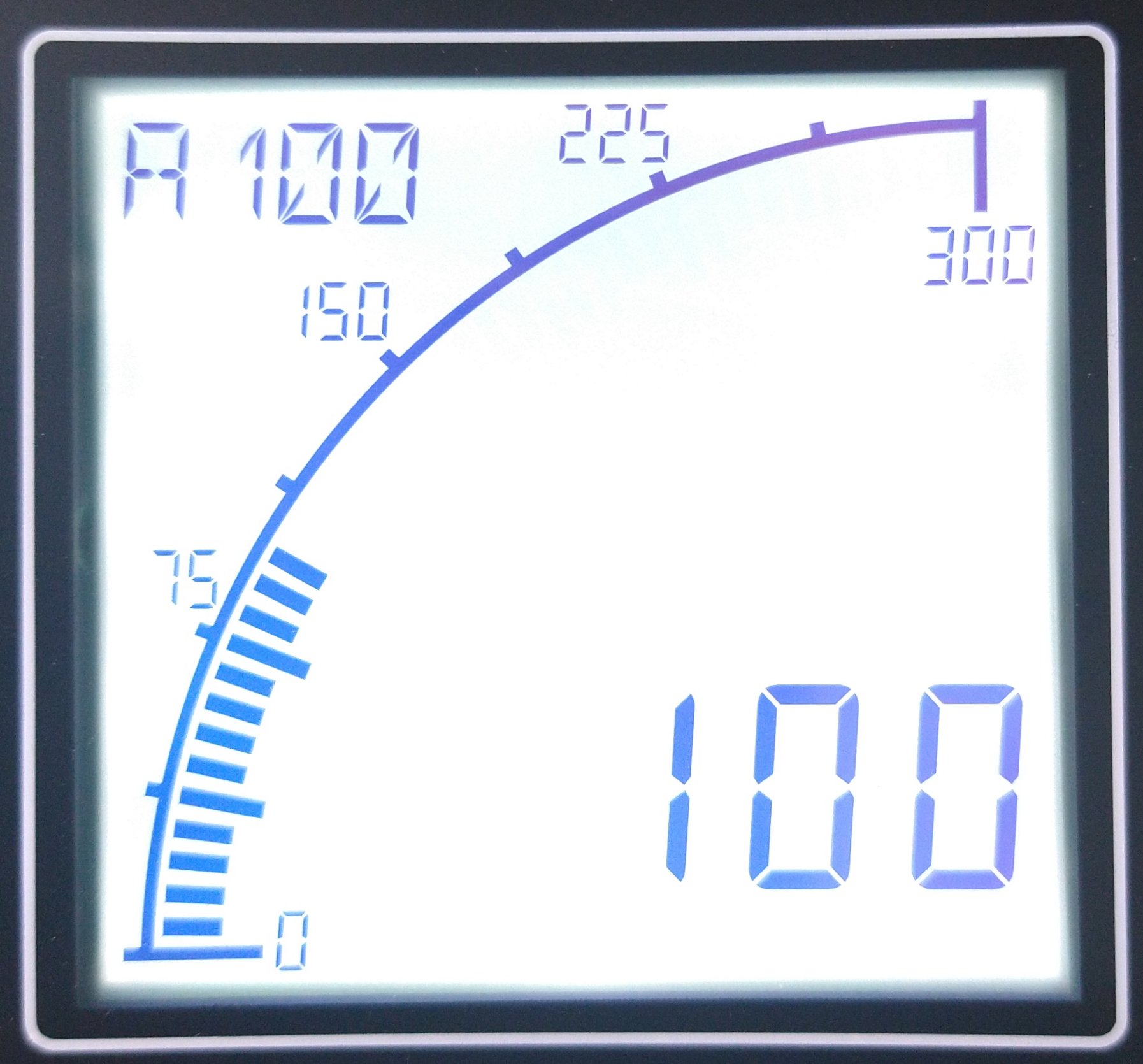 An electronic device display with numerical readouts and a circular gauge. The display shows the number 1000 and the number 100. The gauge has markings at intervals with numbers 150, 225, 300 and the needle pointing between 225 and 300.