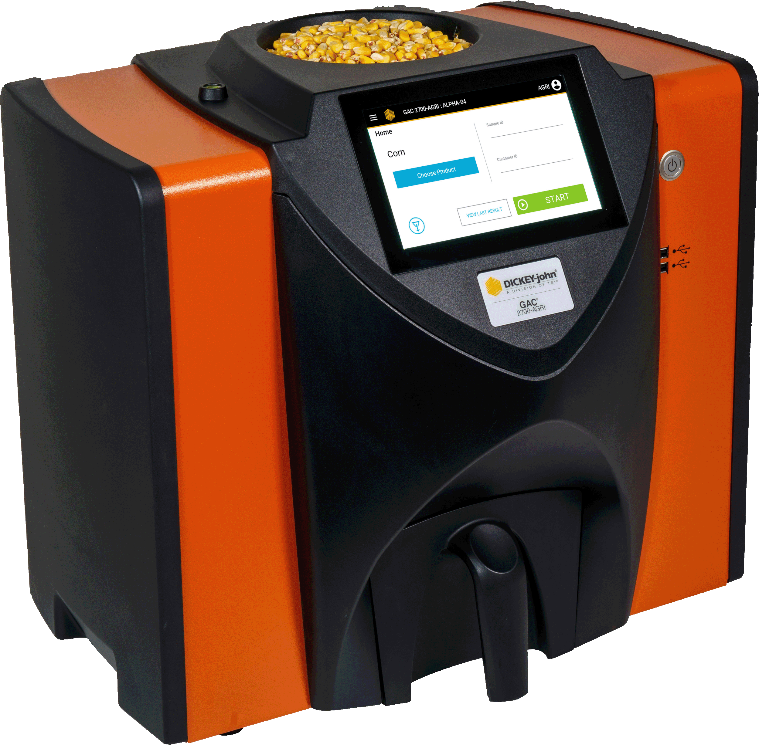 A laboratory or industrial device with an orange and black exterior, a touchscreen interface, and a tray of corn kernels on top.