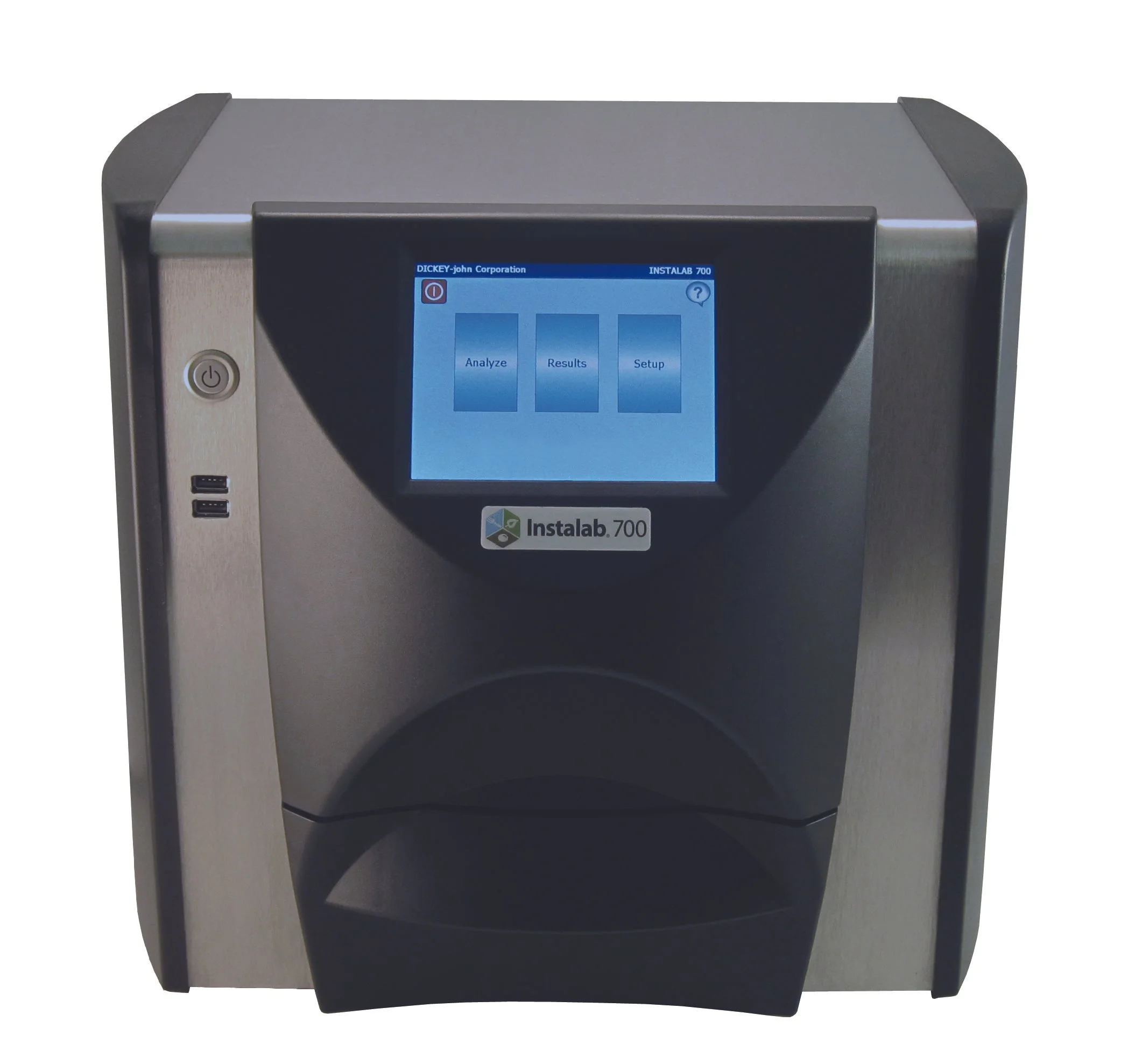 A modern laboratory instrument with a digital screen displaying options for Analyze, Results, and Setup.