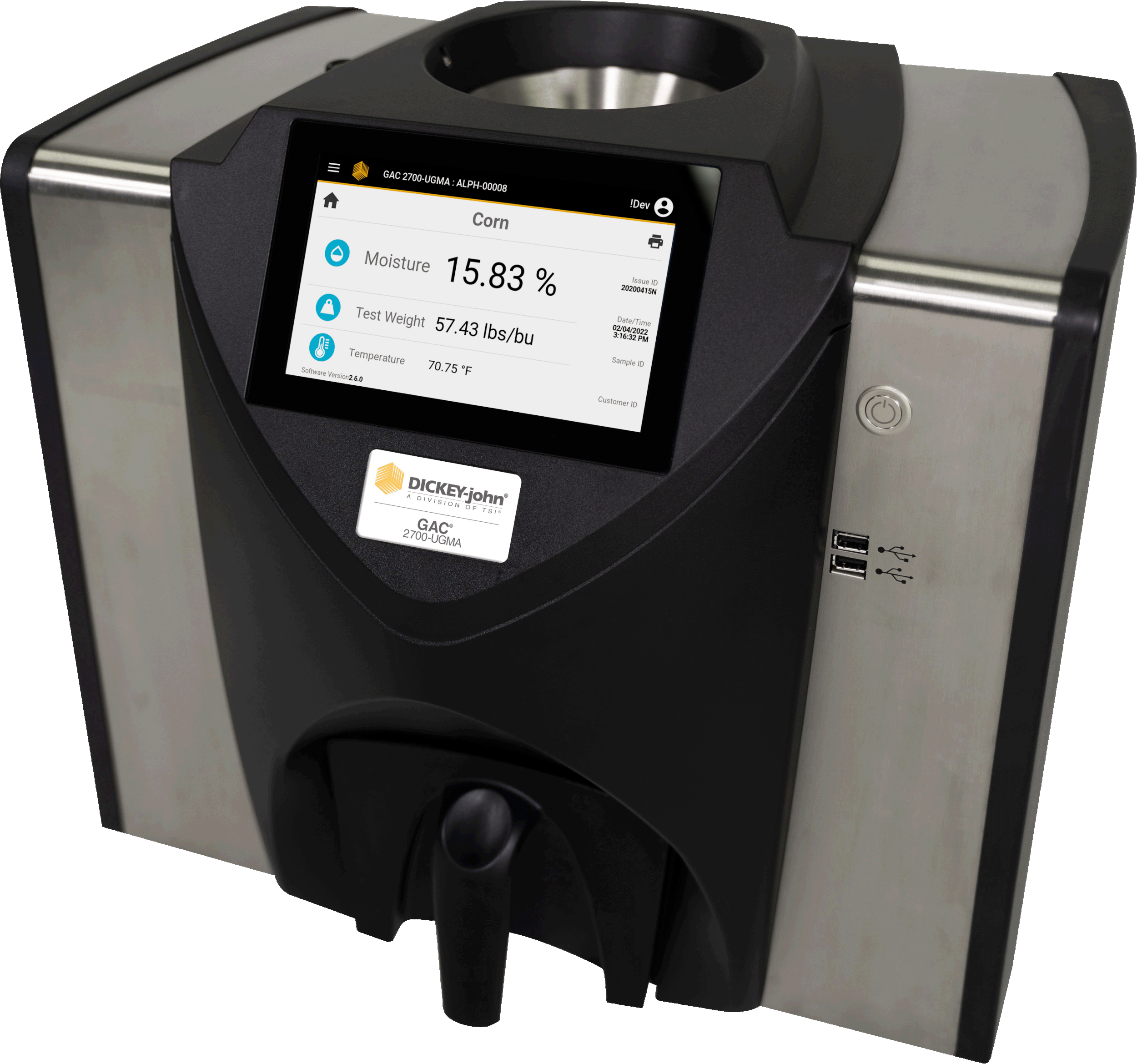 High-tech device with a digital screen displaying moisture, test weight, and temperature readings, labeled GAC 2700-UGMA, with a metallic cylindrical opening on top.