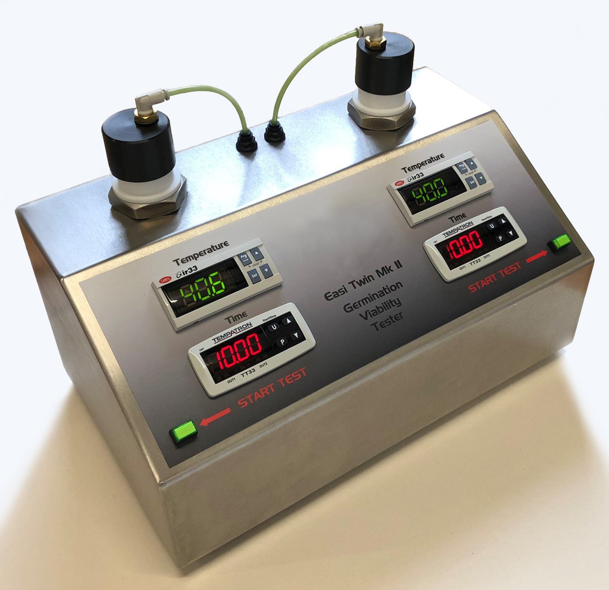 Lab device labeled 'Easi Twin MK II Germination Viability Tester' with two digital displays showing temperatures and timers, and connected tubes.