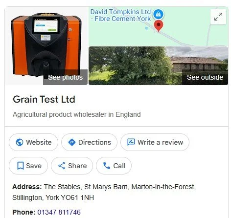 Screenshot of Grain Test Ltd business listing showing contact information and options for directions, reviews, and calls.
