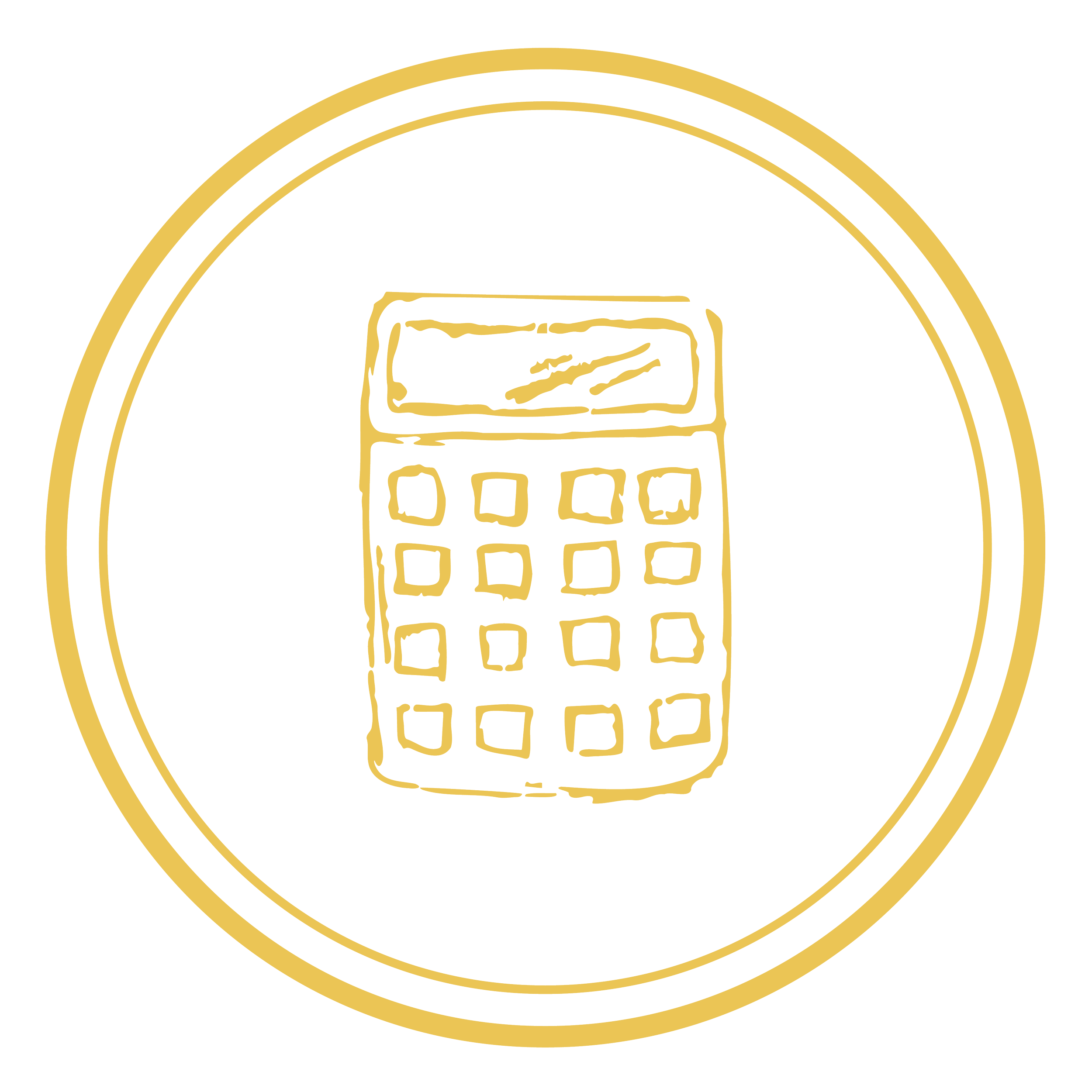 Decorative circular emblem with a stylized calculator, outlined with two concentric rings.