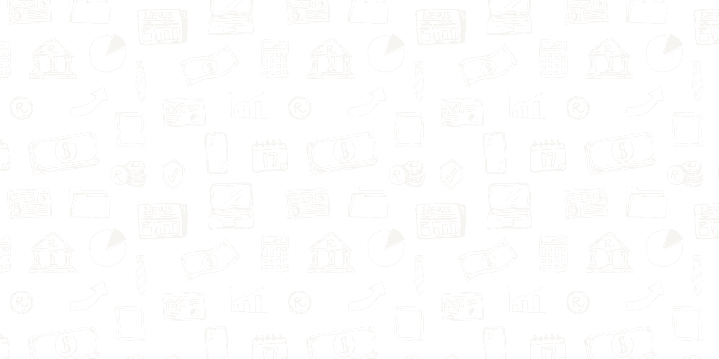 Hand-drawn icons related to finance and business, including money bills, coins, a bank building, a calculator, a graph, a calendar, a news article, a shield, and arrows, on a black background.