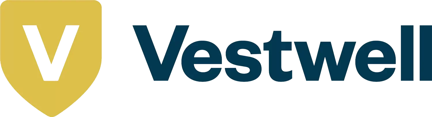 The logo of Vestwels featuring a gold shield with a stylized 'V' and the word 'Vestwel' in blue next to it.