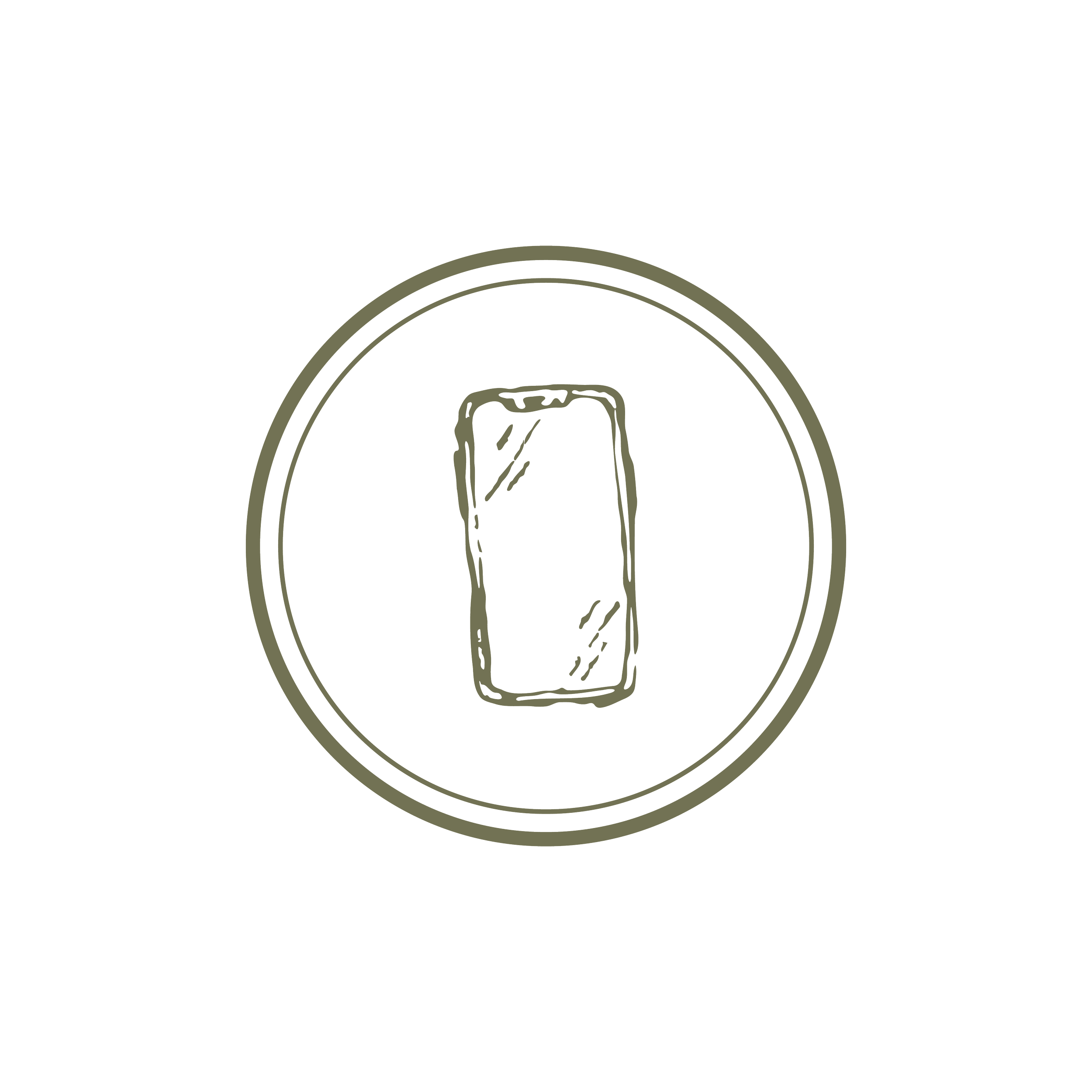 Decorative circular emblem with a stylized phone, outlined with two concentric rings.