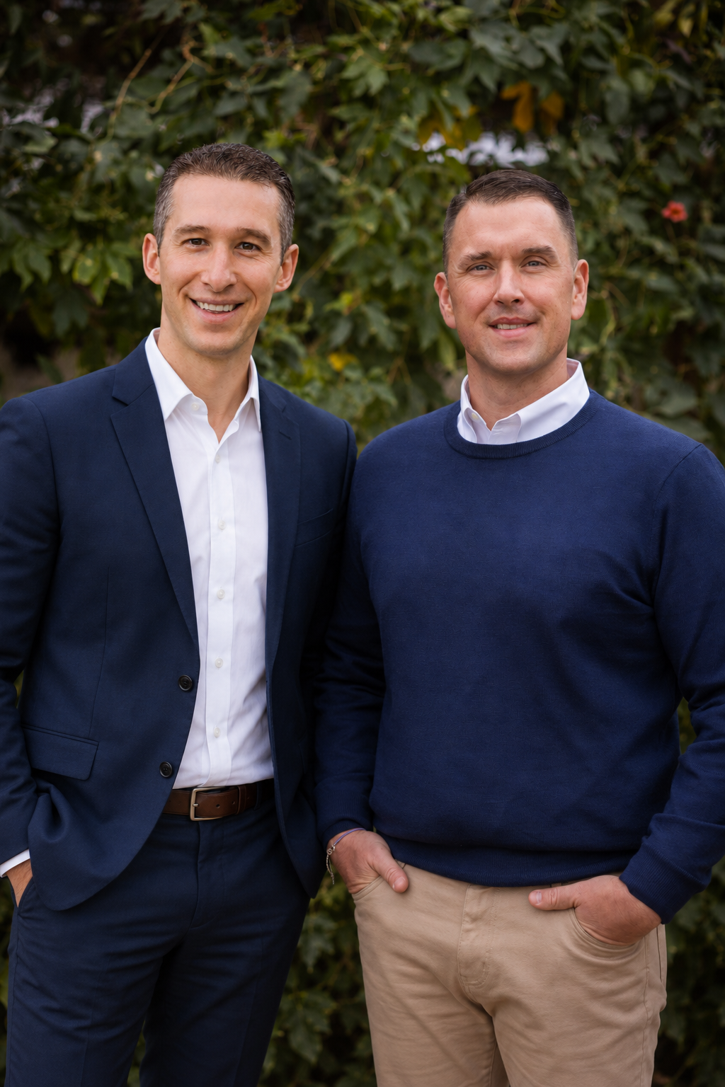 Two men standing outdoors in front of green bushes, smiling at the camera. One is wearing a navy suit with a white shirt, and the other is dressed in a navy sweater over a white collared shirt, with beige pants.