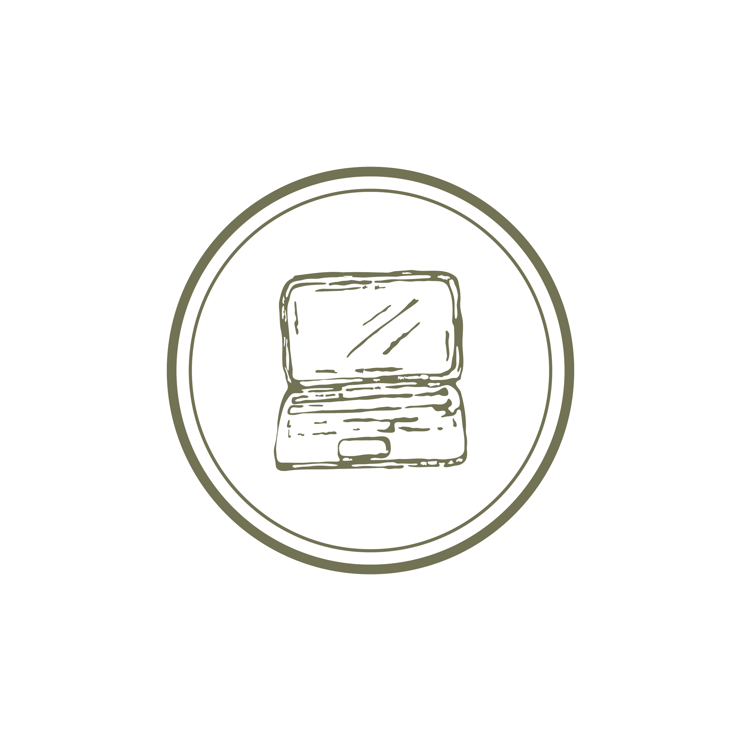 Decorative circular emblem with a stylized laptop, outlined with two concentric rings.