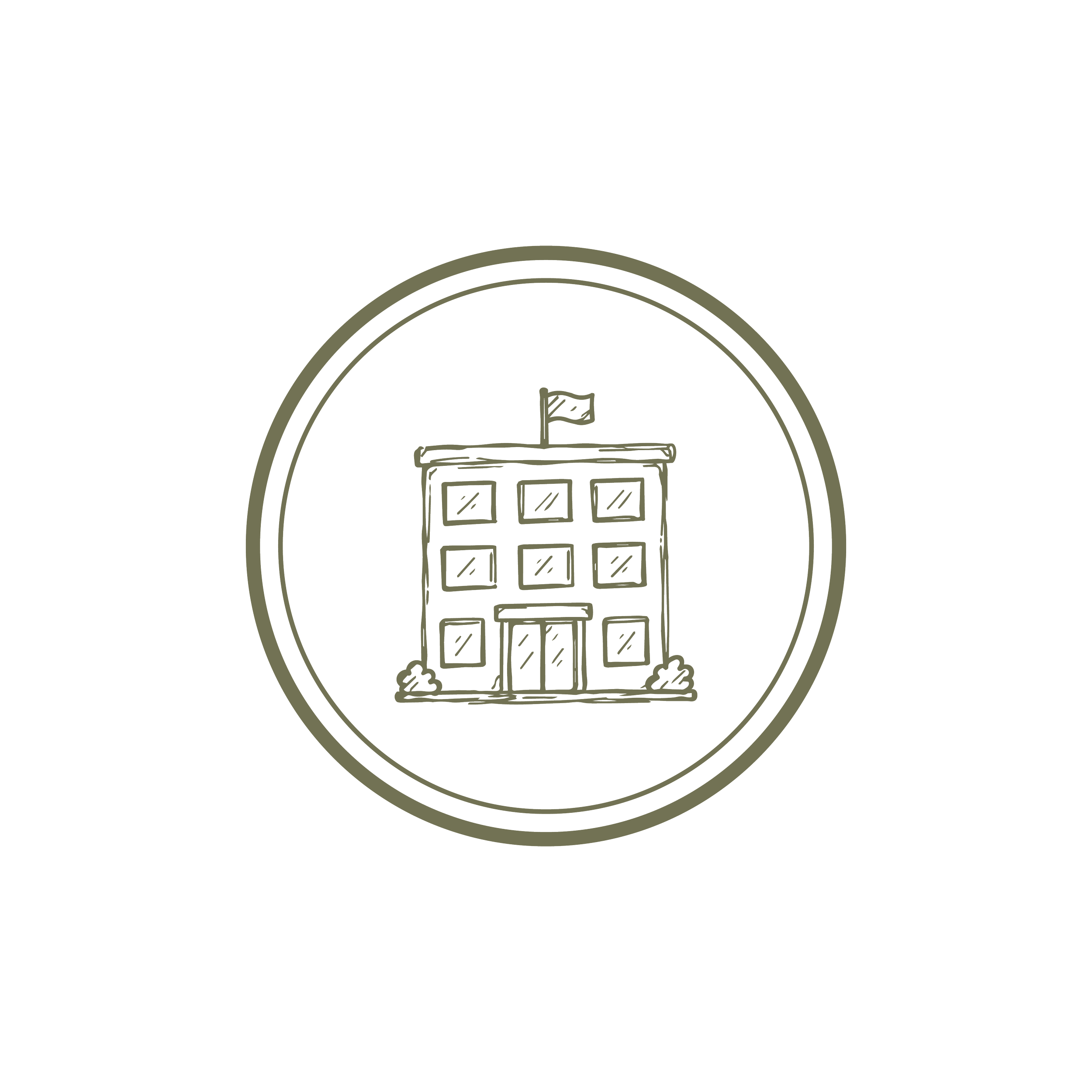 Decorative circular emblem with a stylized business, outlined with two concentric rings.