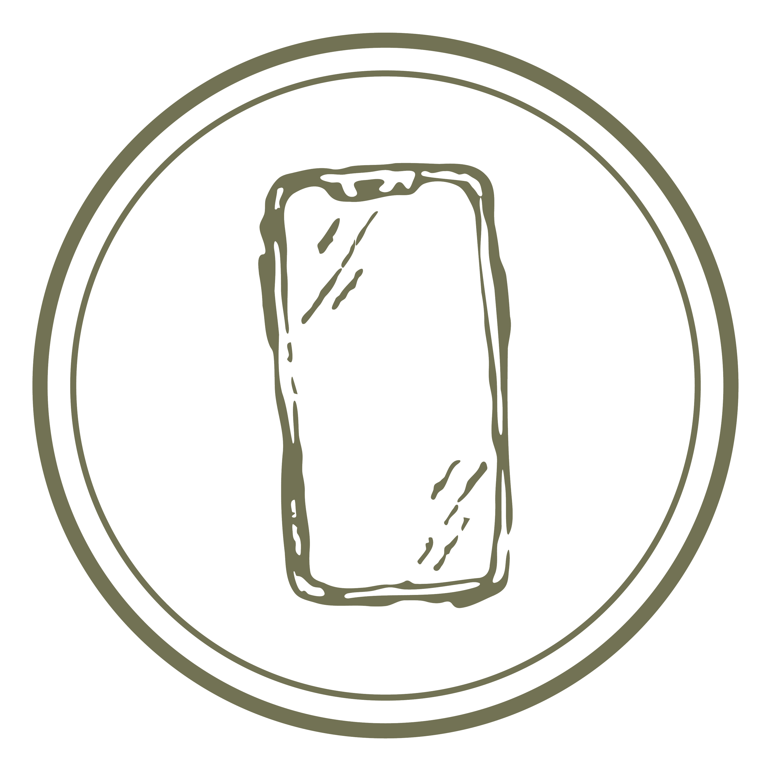 A stylized logo featuring a fist inside concentric circles, with a minimalist line art design in olive green on a black background.