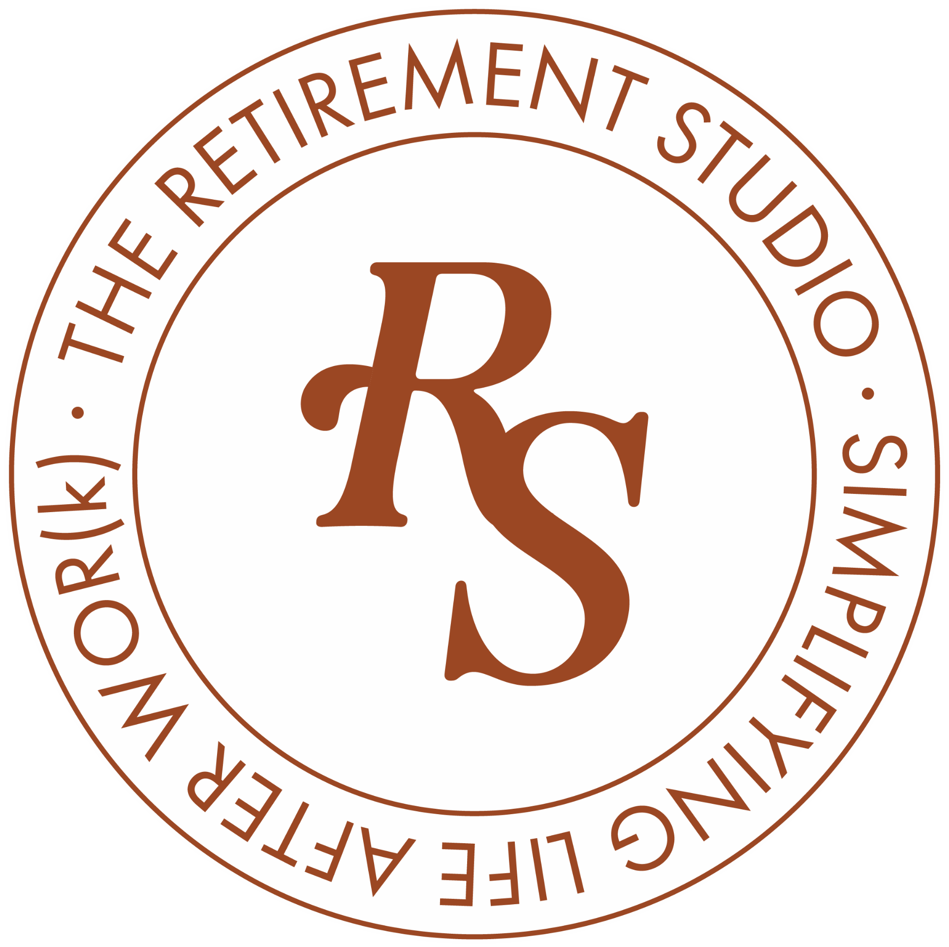 Close-up of a circular emblem with a red border and text. The text on the outer ring reads "THE RETIREMENT STUDIO". The inner part has a large decorative letter "R" in red.