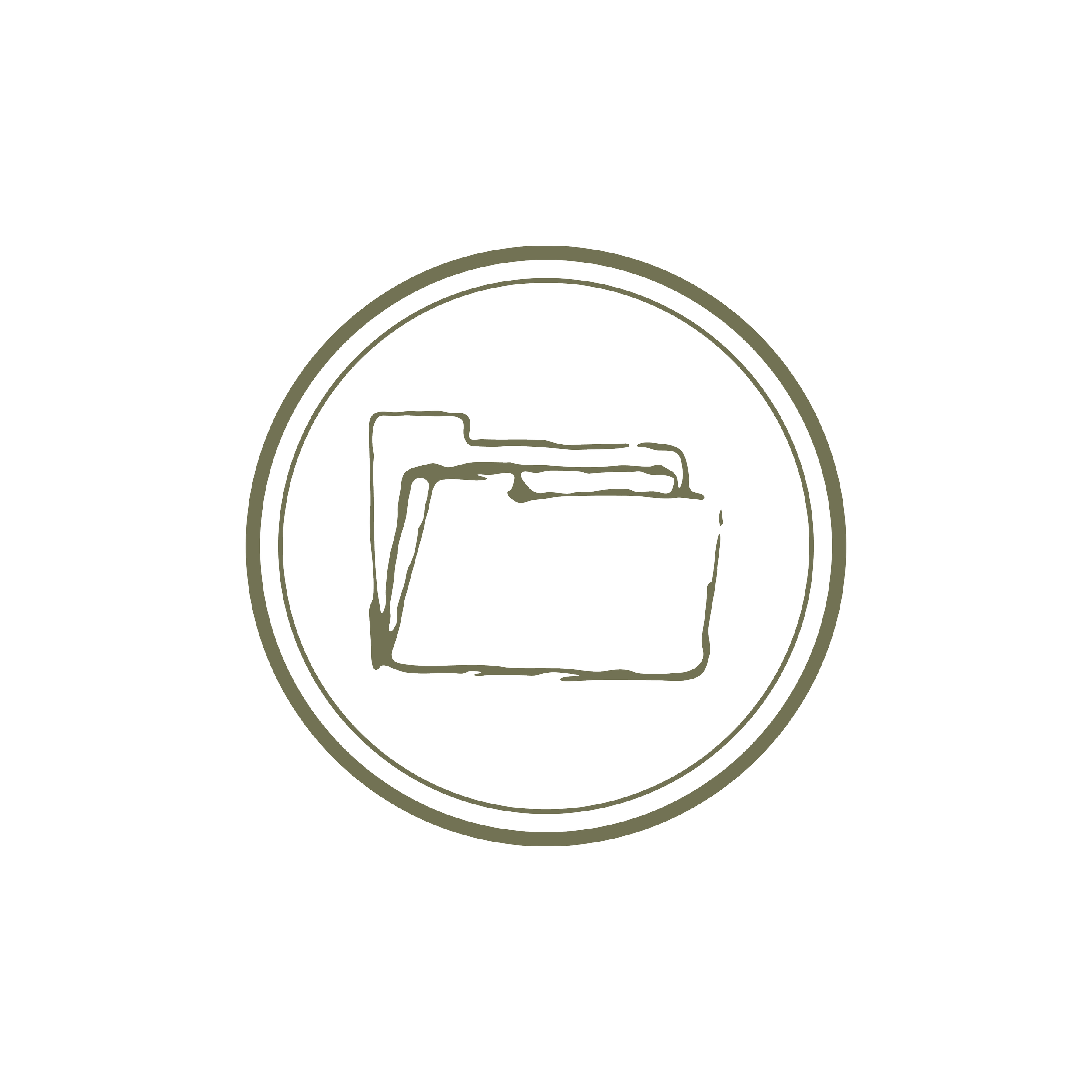 Decorative circular emblem with a stylized investment, outlined with two concentric rings.