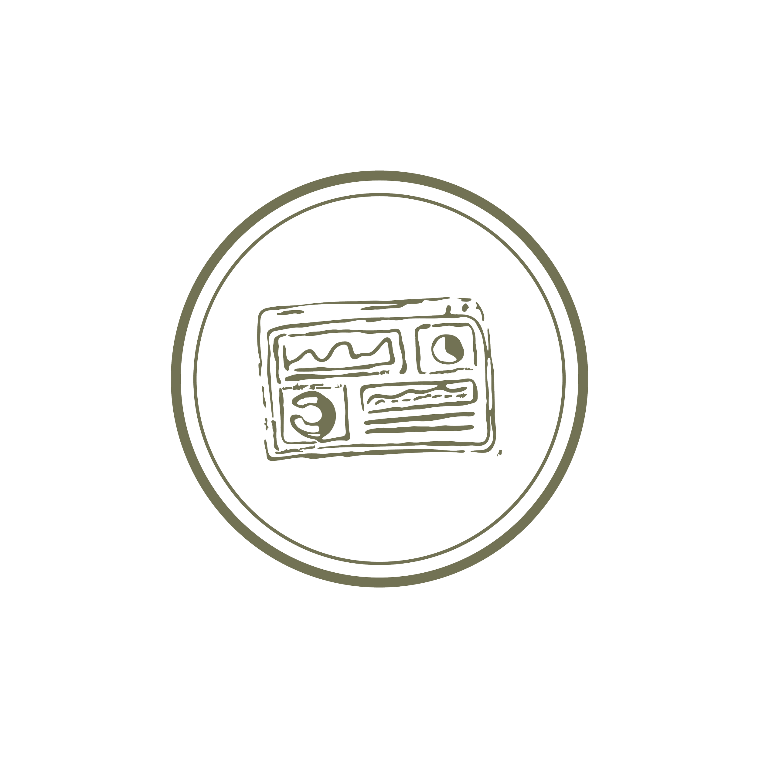 Decorative circular emblem with a stylized family, outlined with two concentric rings.
