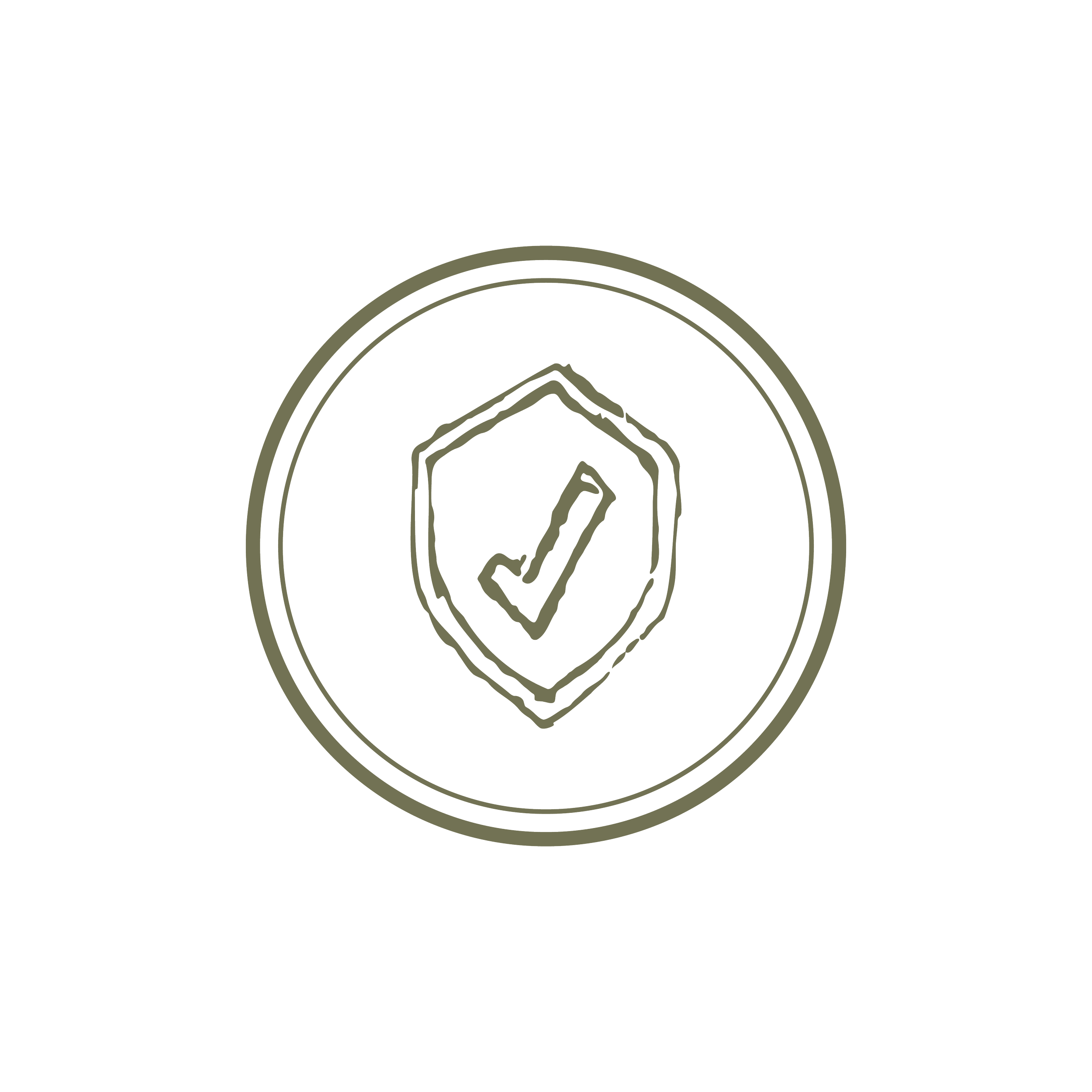 Decorative circular emblem with a shield, outlined with two concentric rings.