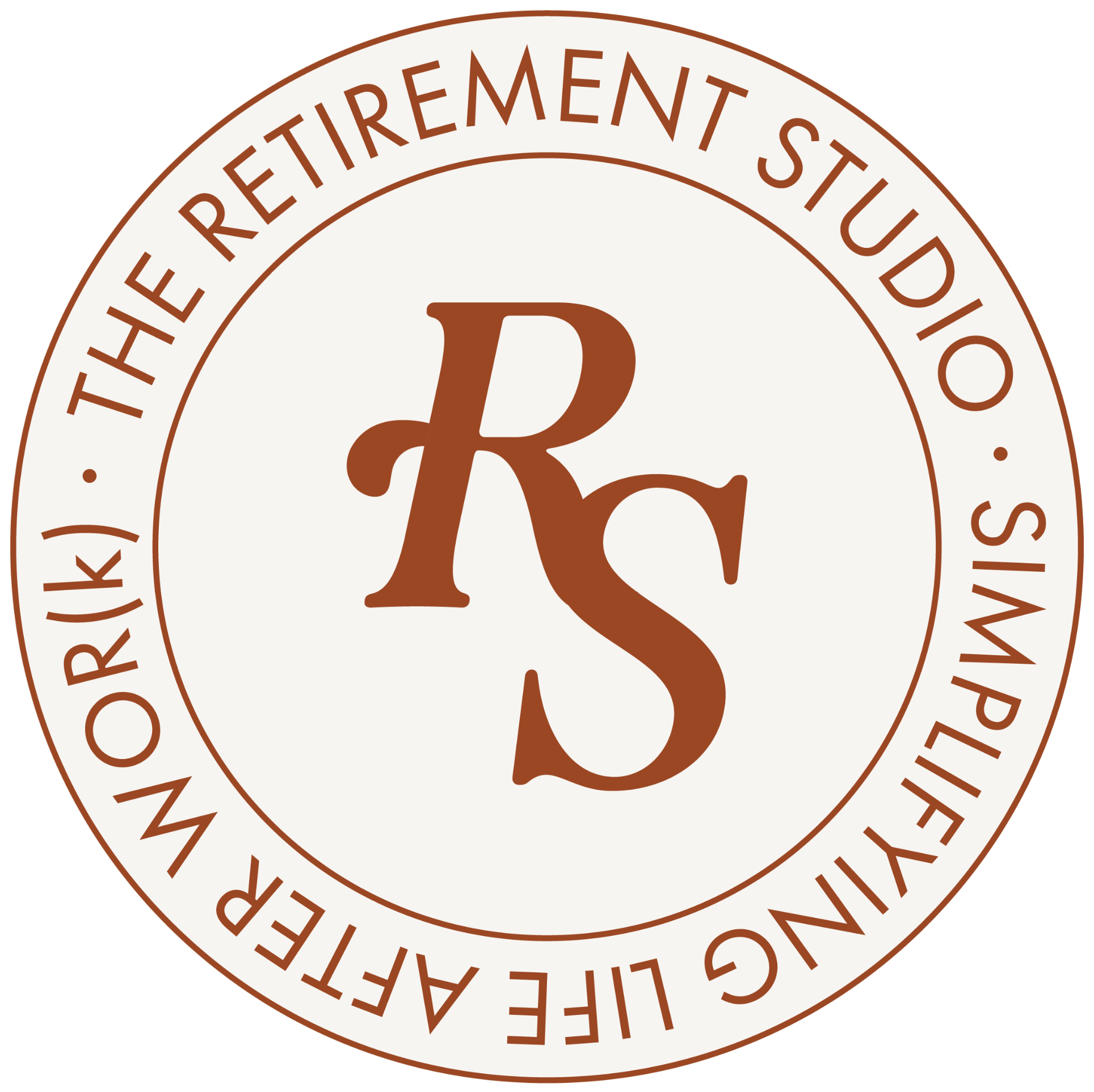Close-up of a circular emblem with a red border and text. The text on the outer ring reads "THE RETIREMENT STUDIO". The inner part has a large decorative letter "R" in red.