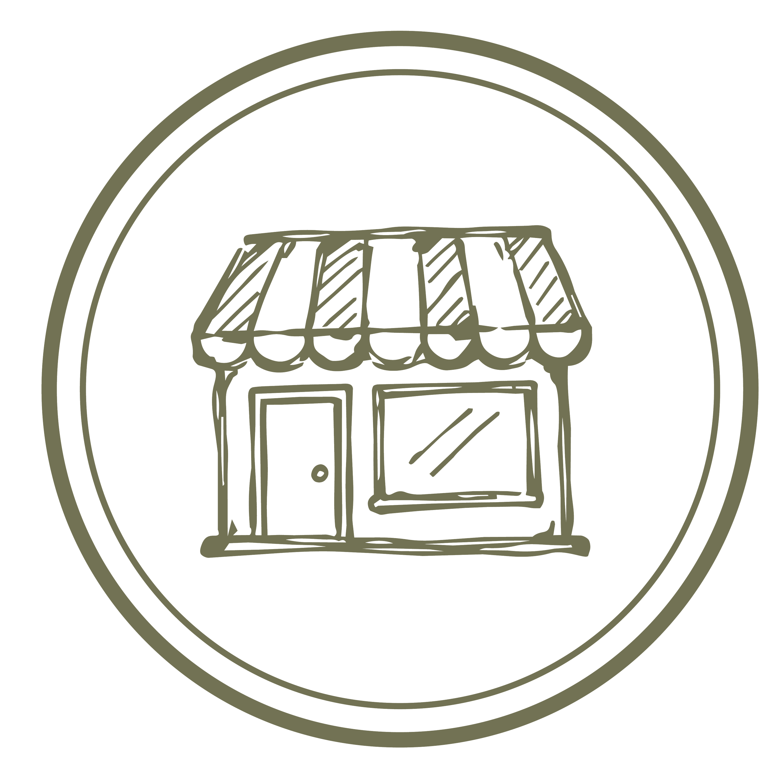 Illustration of a rainbow over a barn with a silo, trees, and a fence, depicted in a minimalist line art style.