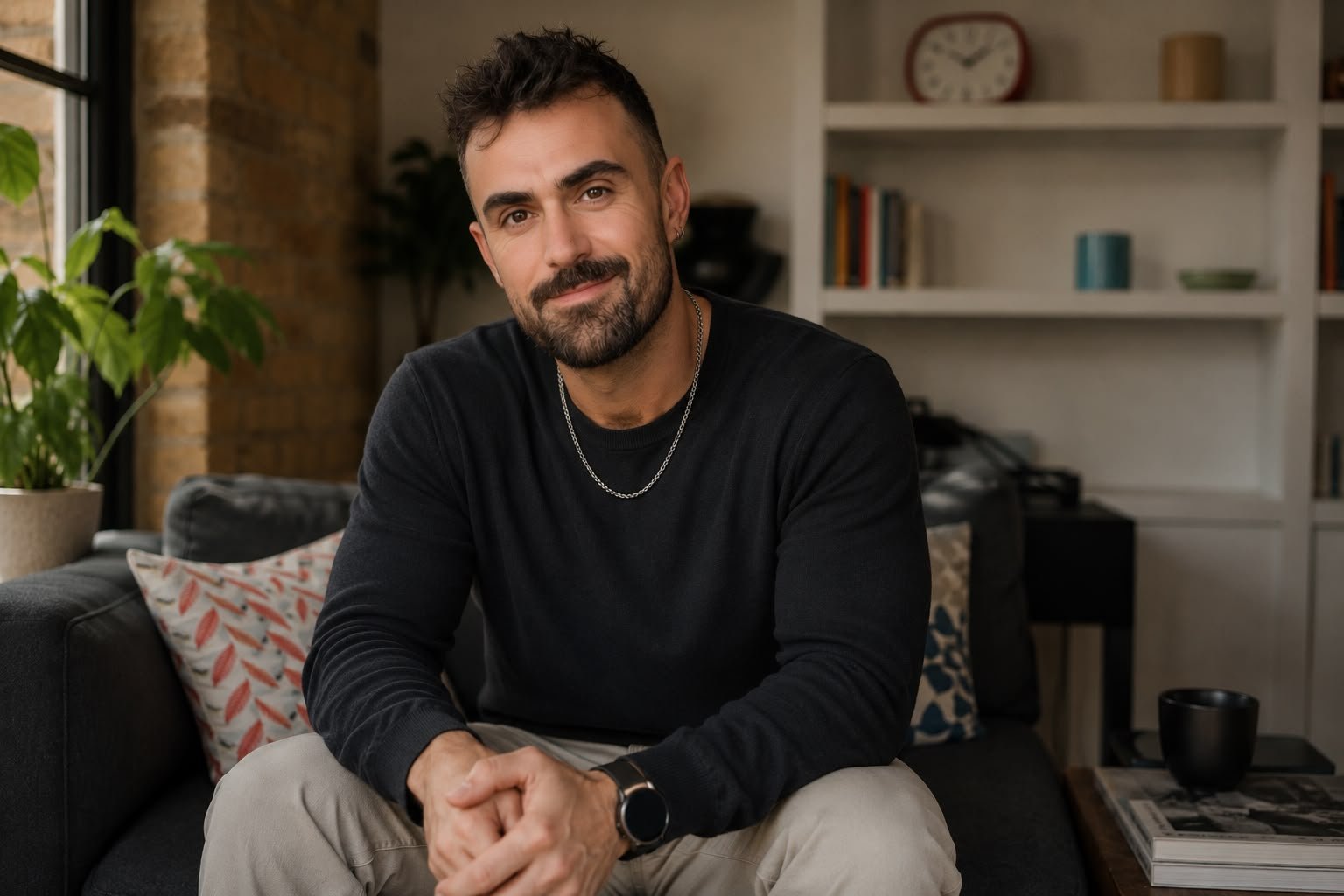 A man with dark hair, beard, and mustache sitting on a gray couch in a modern living room, wearing a black long-sleeve shirt and beige pants, with a watch on his left wrist, smiling and looking at the camera.
