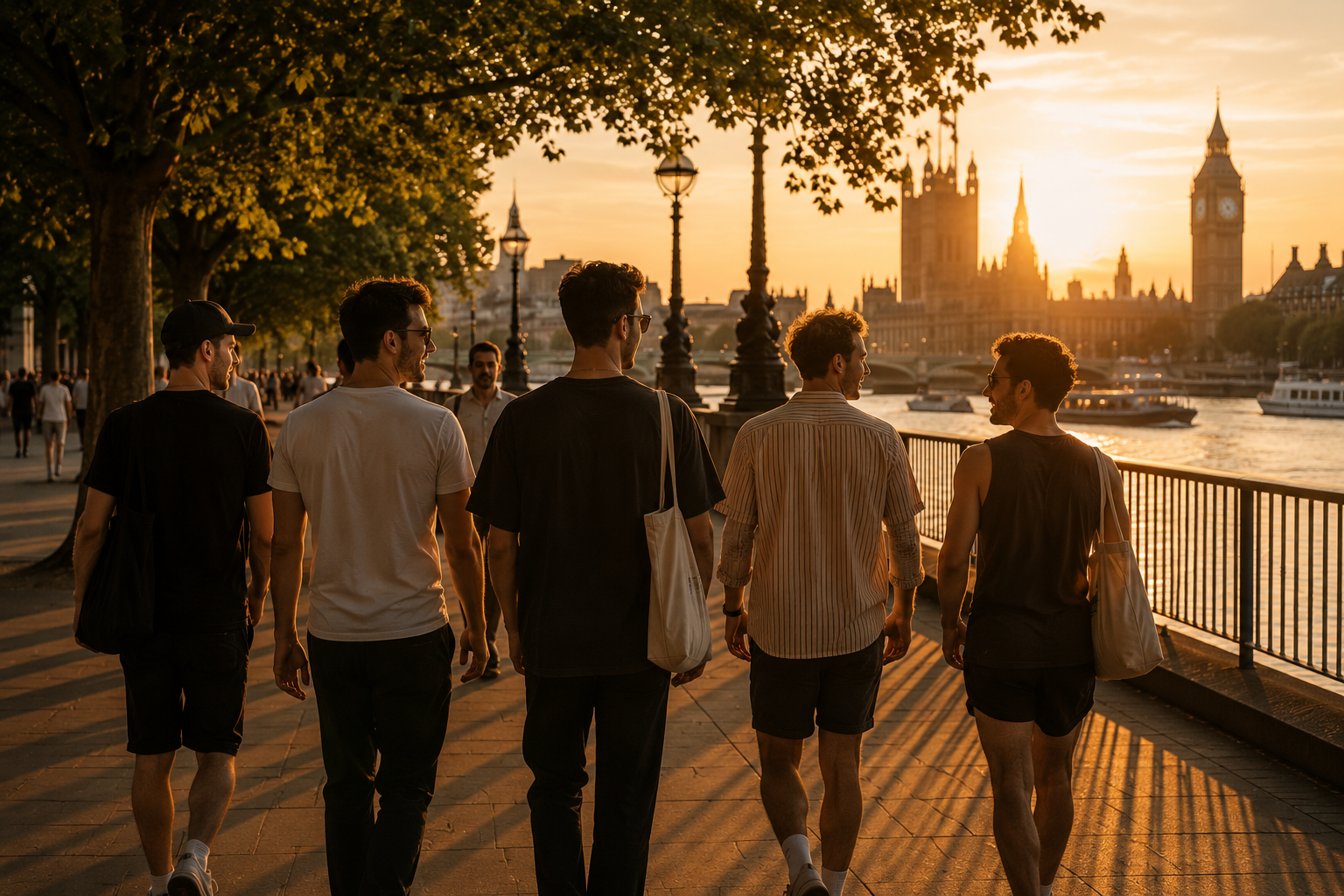 A group of five young men walking along the riverside promenade at sunset in London, with Big Ben and the Houses of Parliament in the background.
