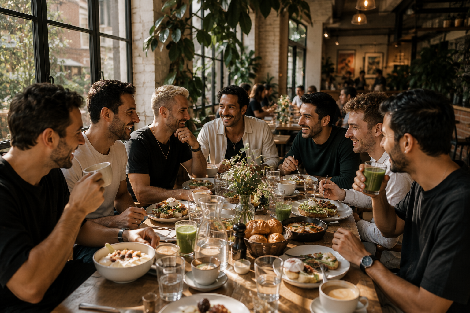 A group of eight men sitting around a table in a restaurant, enjoying a meal and drinks, smiling and engaging in conversation. The table is filled with plates of food, bowls, drinks, and a flower arrangement in the center. The restaurant has large windows, indoor plants, and a warm, lively atmosphere.
