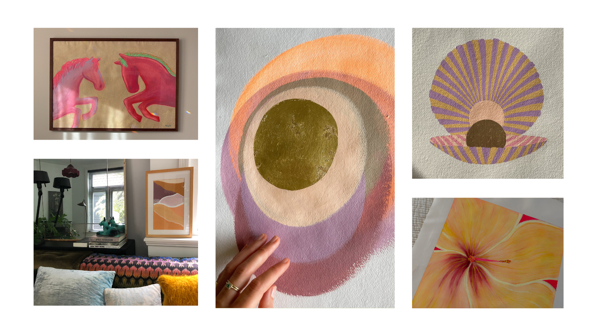 Collection of original contemporary paintings by Kelly Pel, featuring colorful floral and statement artworks.