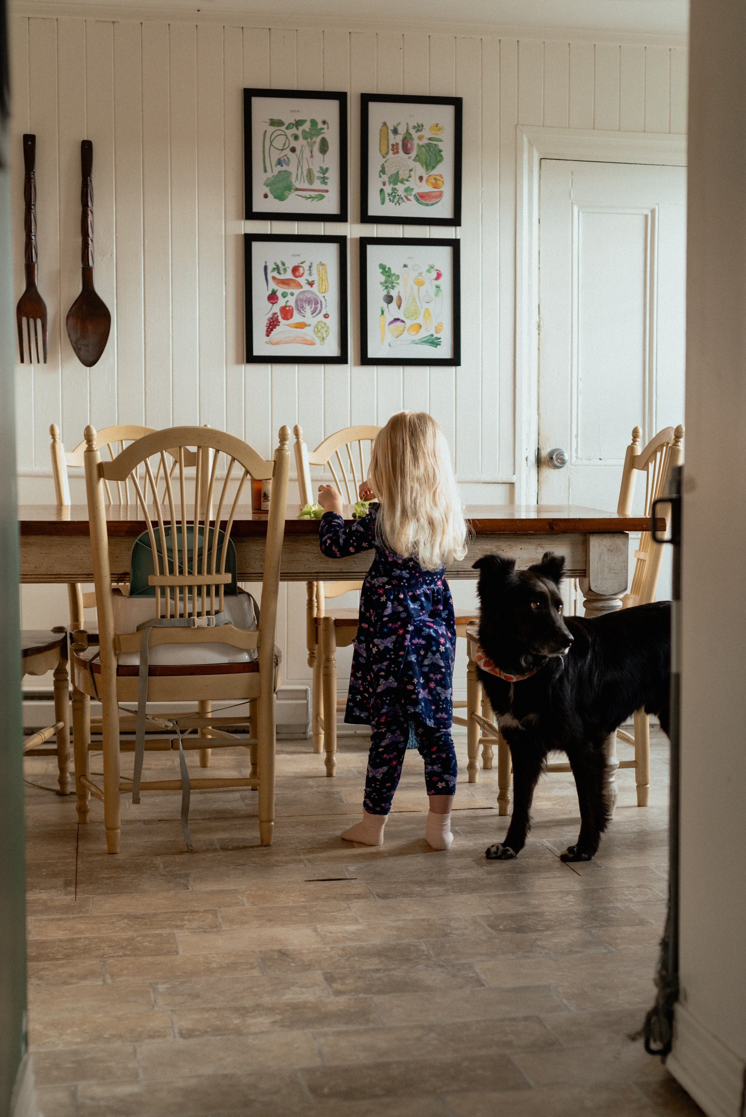 A young girl with blonde hair in a blue floral dress and white socks stands in a kitchen, holding a vegetable, with a large black dog nearby. The scene shows a dining table with chairs, and a wall decorated with four framed vegetable-themed illustrat