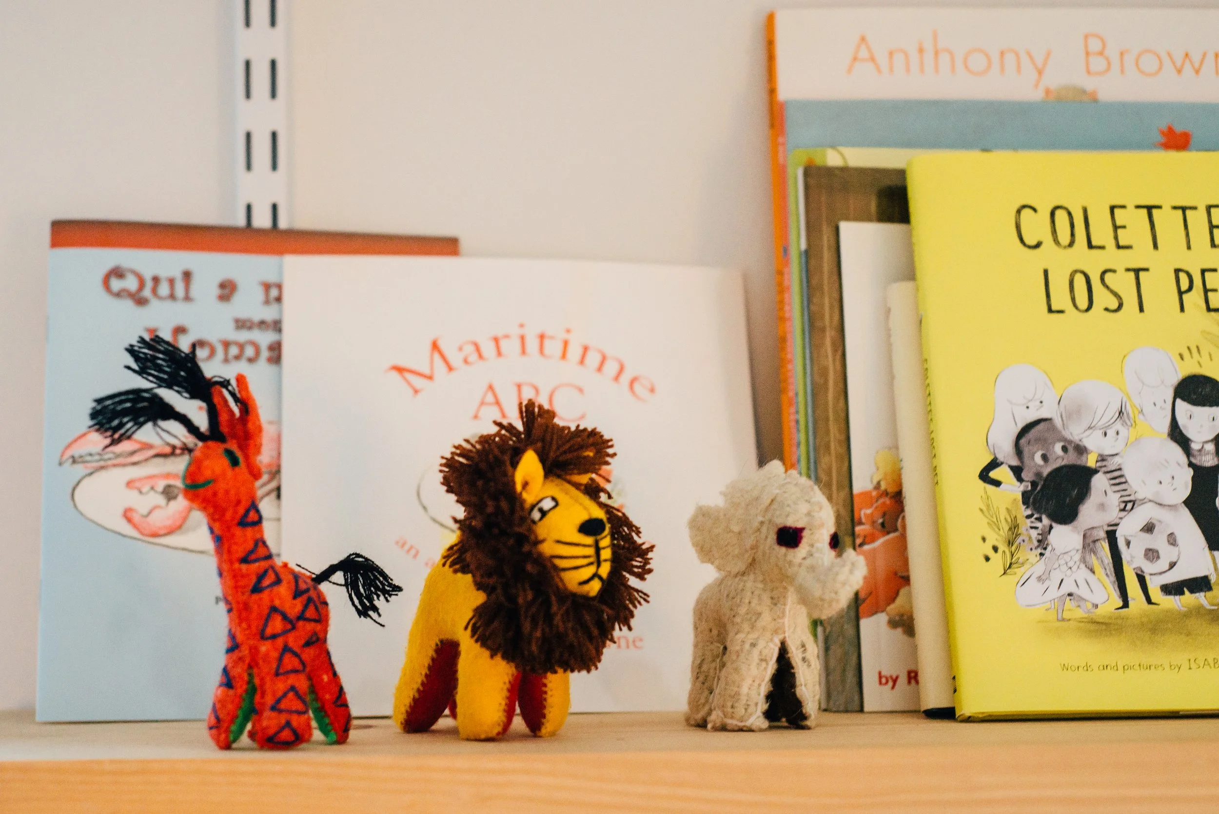 Three small plush toys of a giraffe, lion and an elephant stand on a wooden shelf in front of a row of children's books with colourful covers.