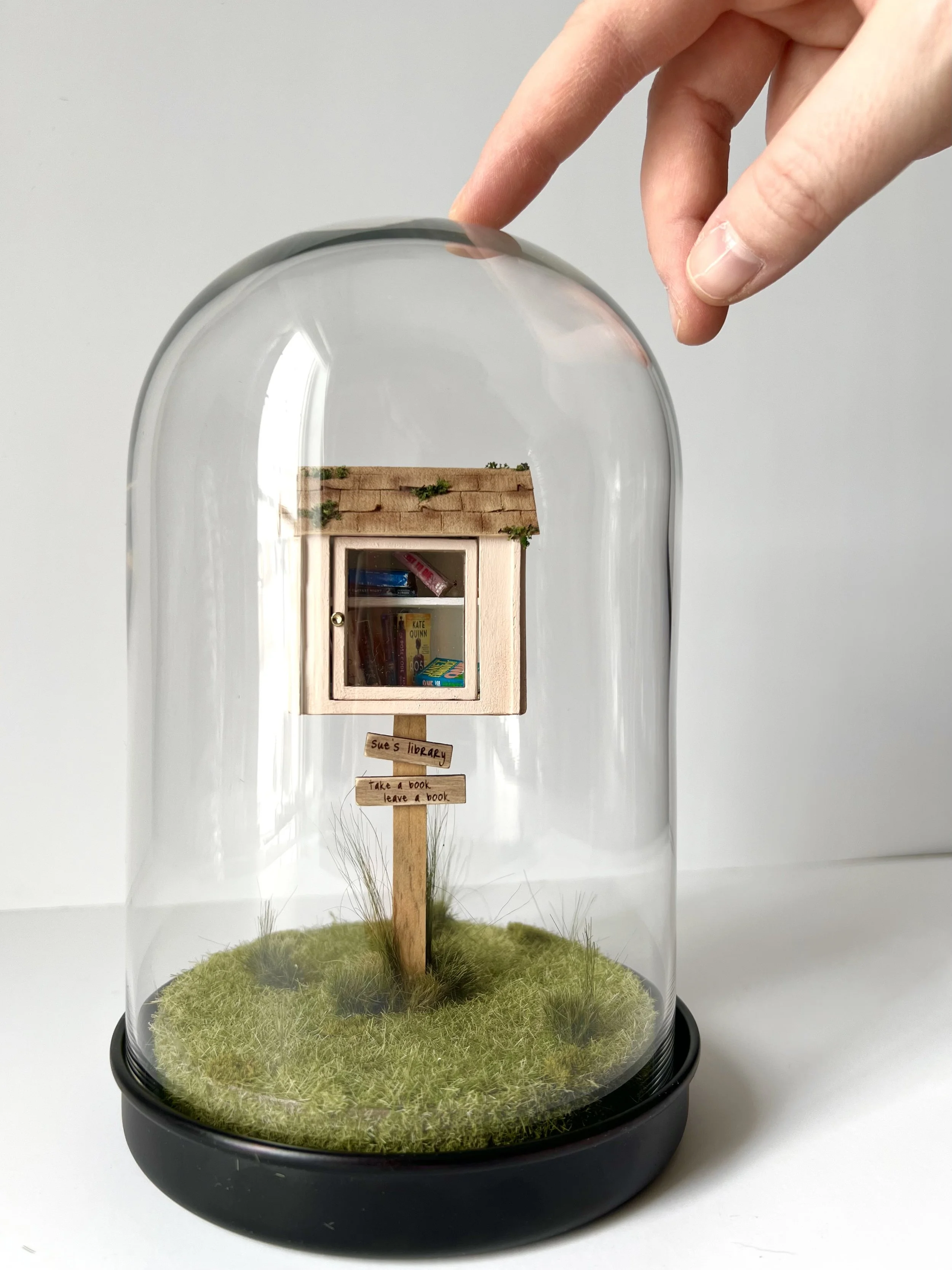 Miniature dollhouse inside a glass dome with a grassy base and signs that say 'Sue's Library' and 'Take a book, leave a book.'