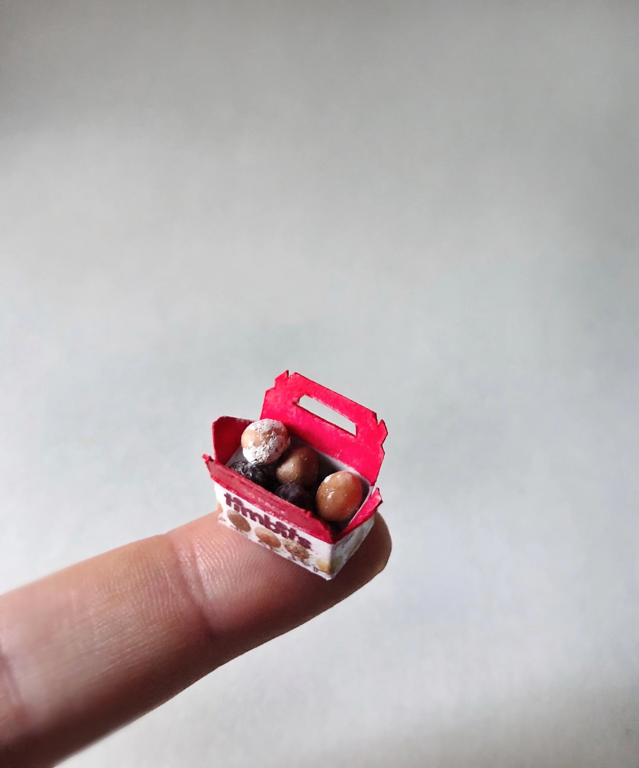A person holding a tiny miniature carton of chocolate candies with a red and white design, filled with assorted chocolates.