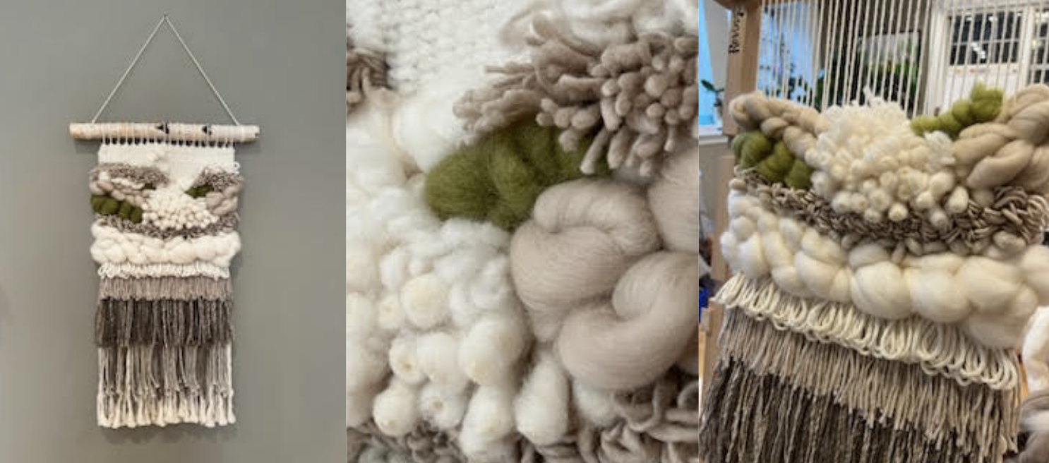 Three textile art pieces made of thick, textured yarns, hanging from wall-mounted rods, with earthy tones of beige, cream, and olive green, displayed in various settings.