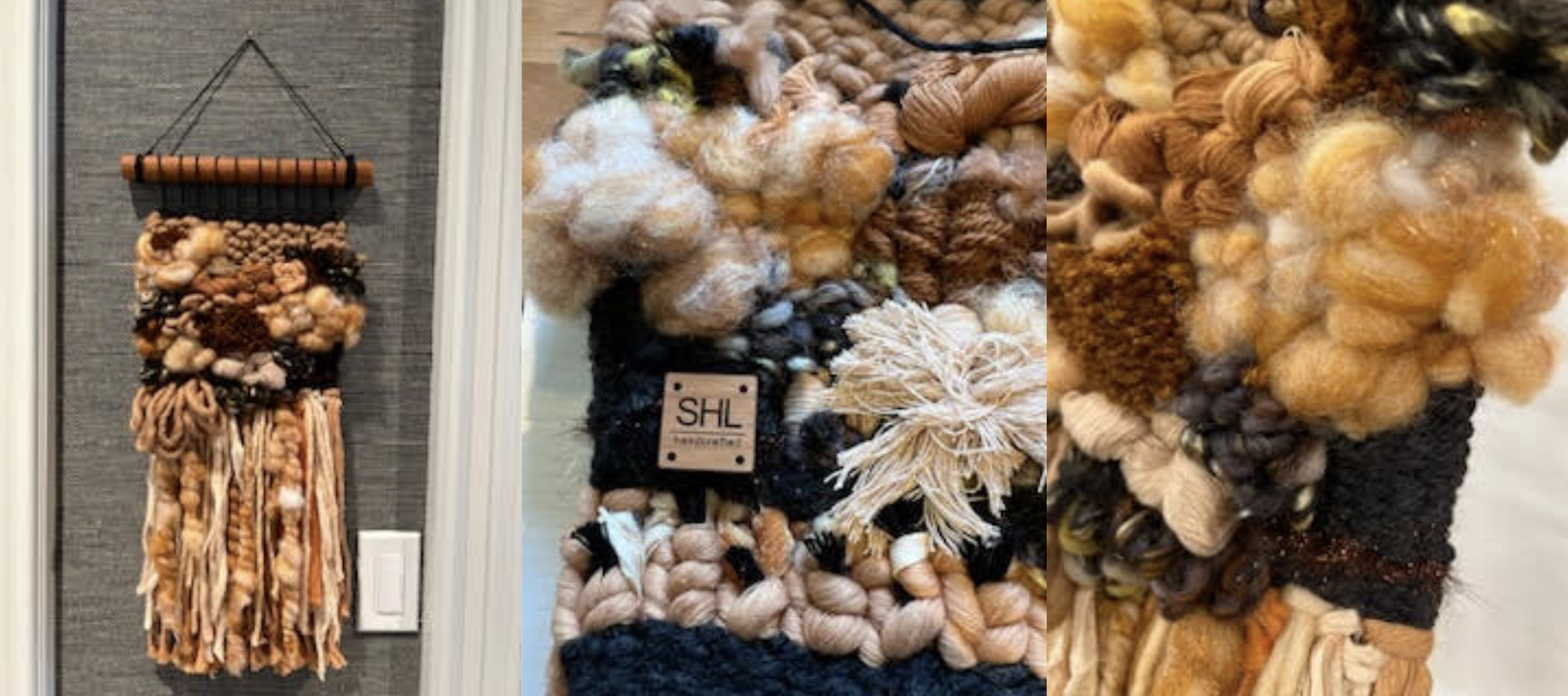 Textile wall hanging made of various yarns and fibers in beige, brown, black, and gray shades, displayed on a wall.