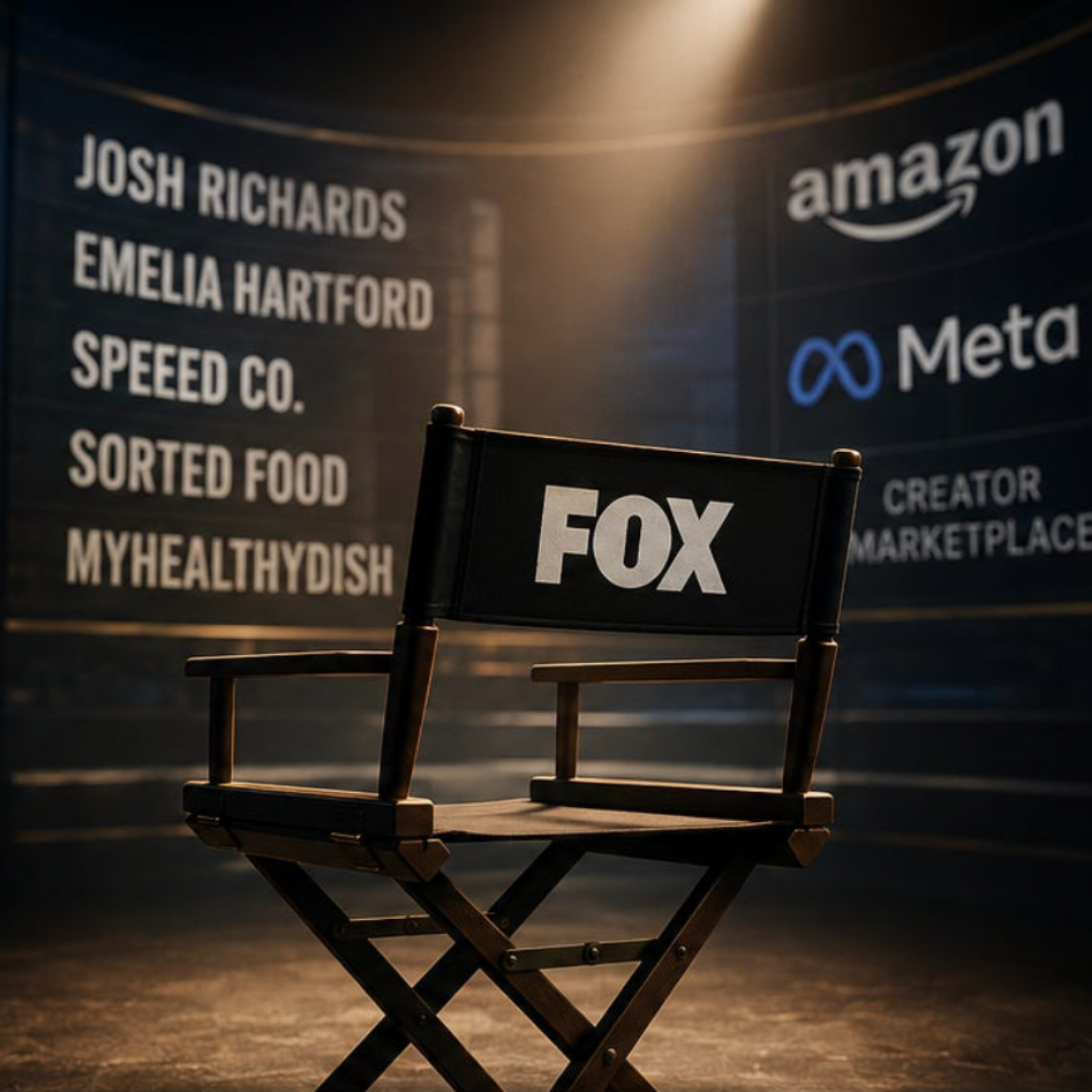 Director's chair labeled "FOX" on a studio set, with logos for Amazon, Meta, Creator Marketplace, and leading digital creators in the background, representing creator partnerships and Connected TV distribution.