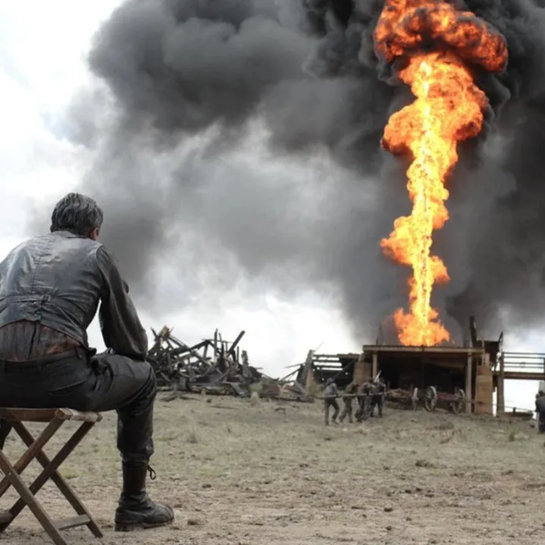 A lone figure watches a towering explosion engulf an oil rig as flames and black smoke fill the sky, illustrating a dramatic cinematic moment.