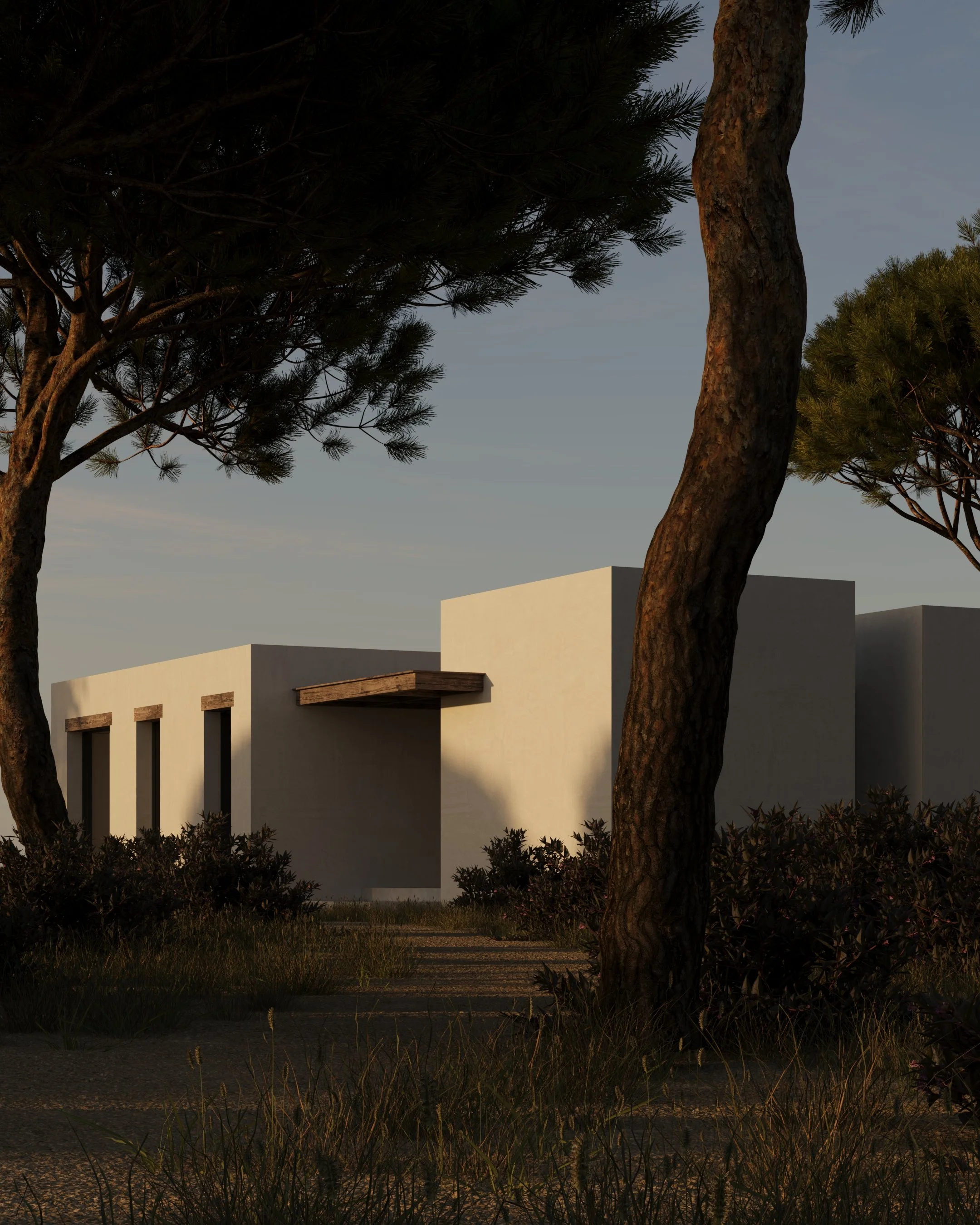 A modern white building with rectangular windows and wooden accents, flanked by trees and bushes, under a sky at dusk.