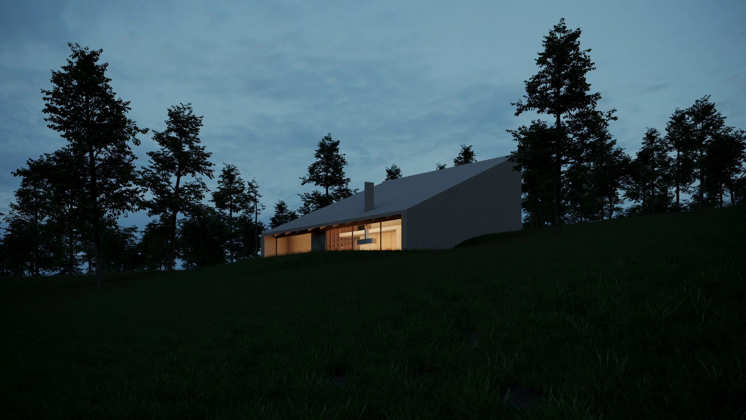 A modern house with large windows illuminated from inside is situated on a grassy hillside surrounded by trees during dusk or early evening.