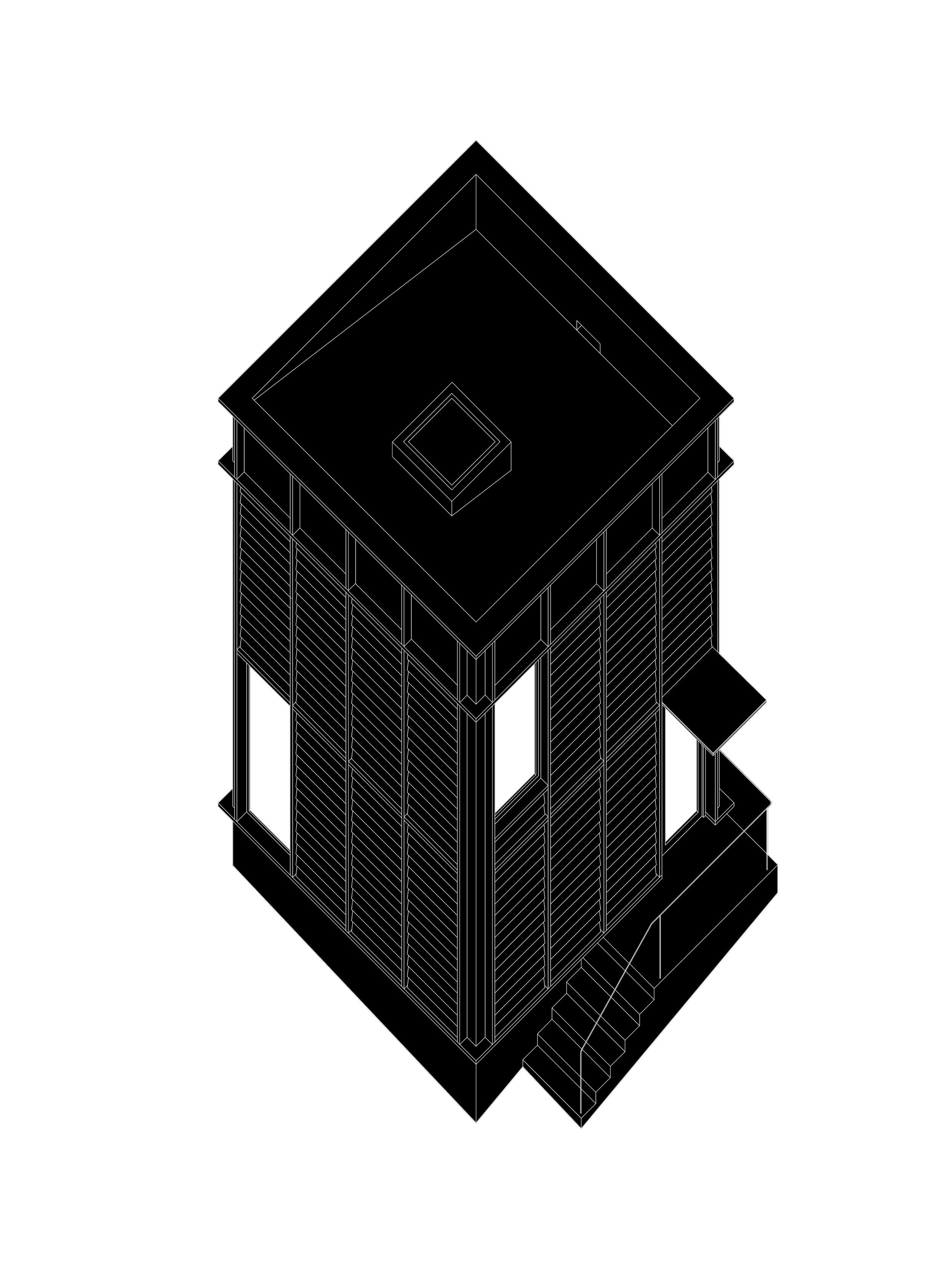 A black and white wireframe architectural drawing of a multi-story building with detailed structural elements, a rooftop structure, and surrounding site details on a black background.