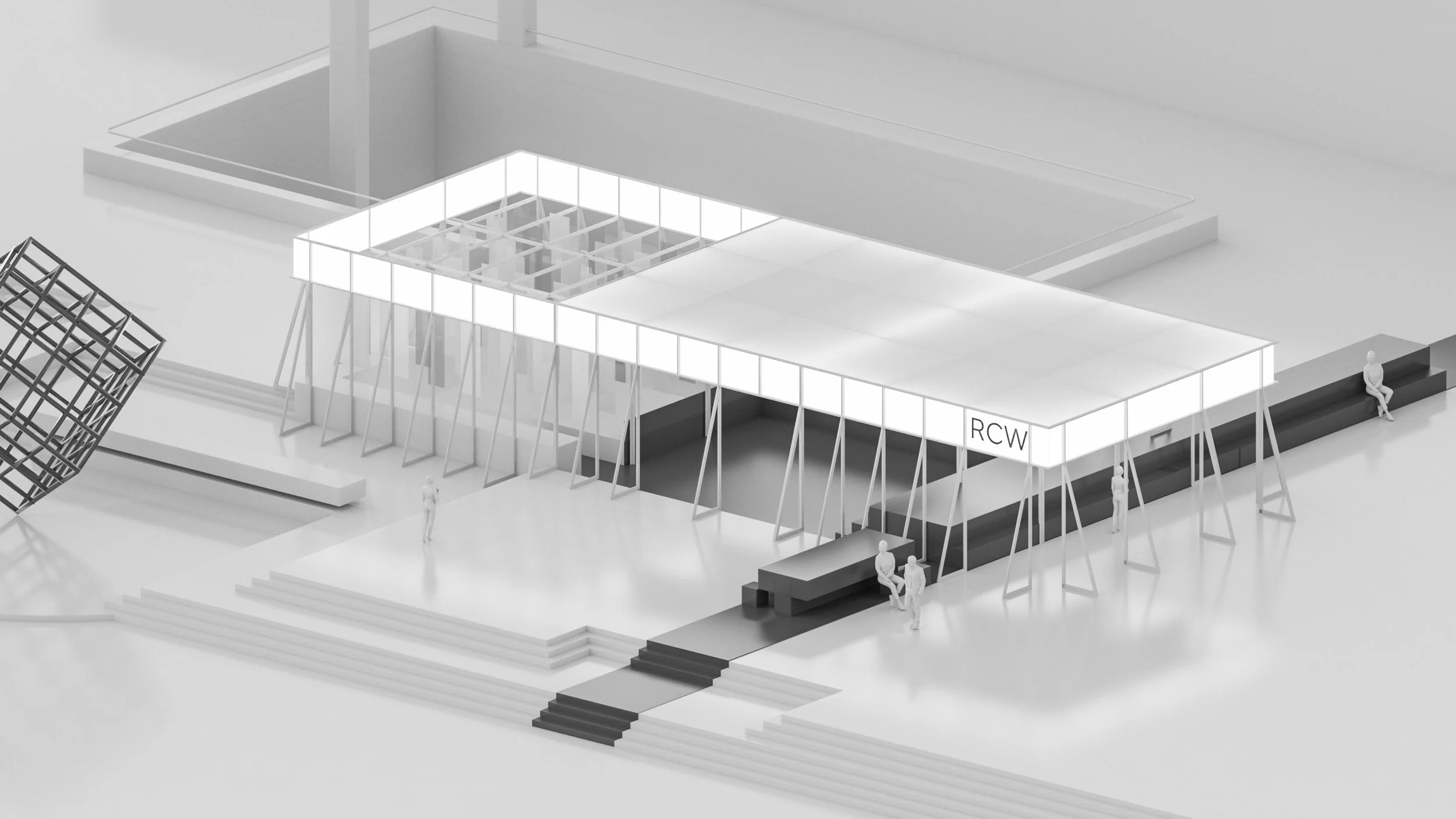 A black-and-white architectural model of a modern building with elevated structure and glass panels, labeled 'RCW'. There are small human figures around the model, some sitting on steps and others walking nearby.