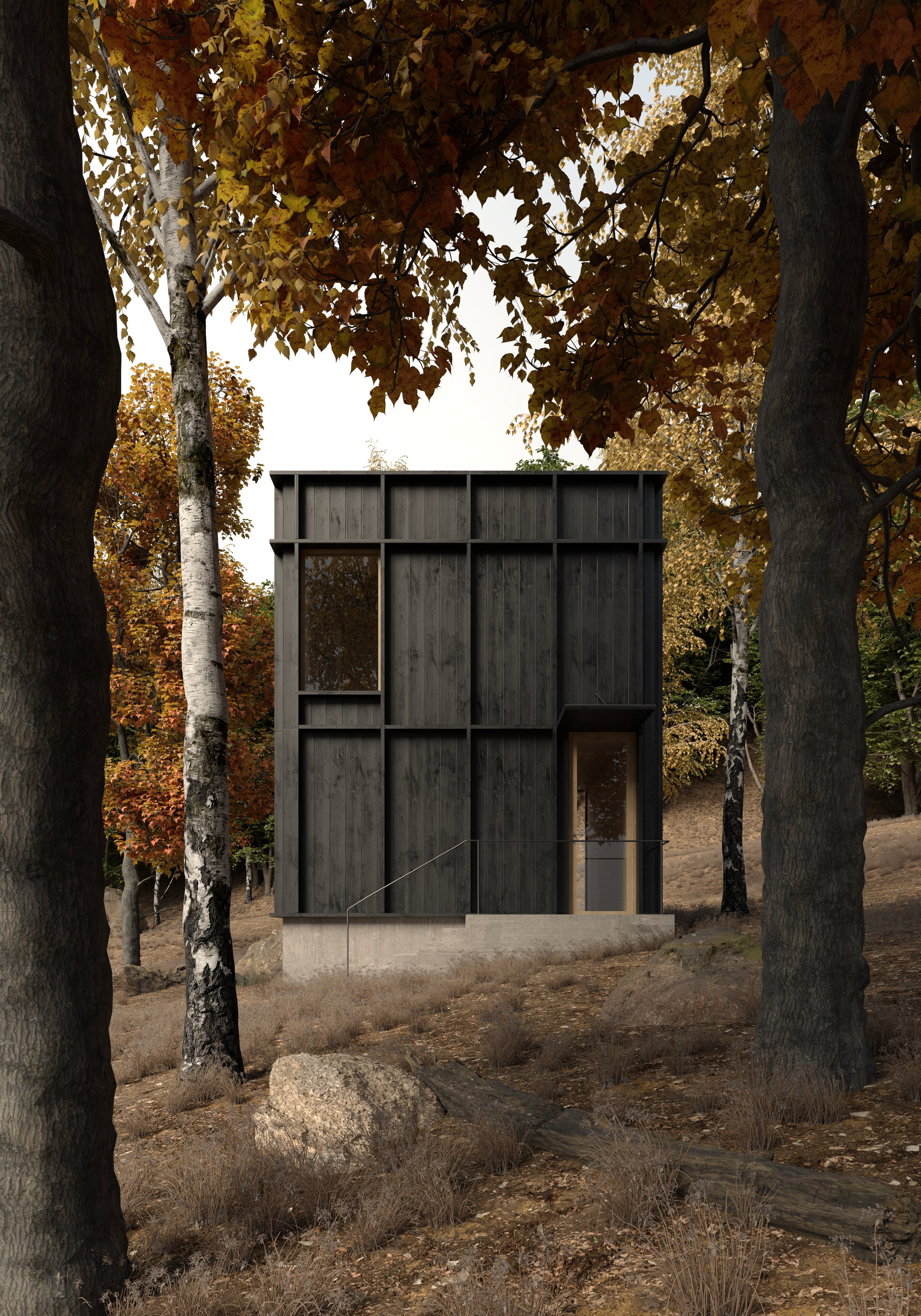 A modern, dark wooden house with large glass windows is situated among trees with autumn-colored leaves, on a forested hillside with rocks and dry grass.