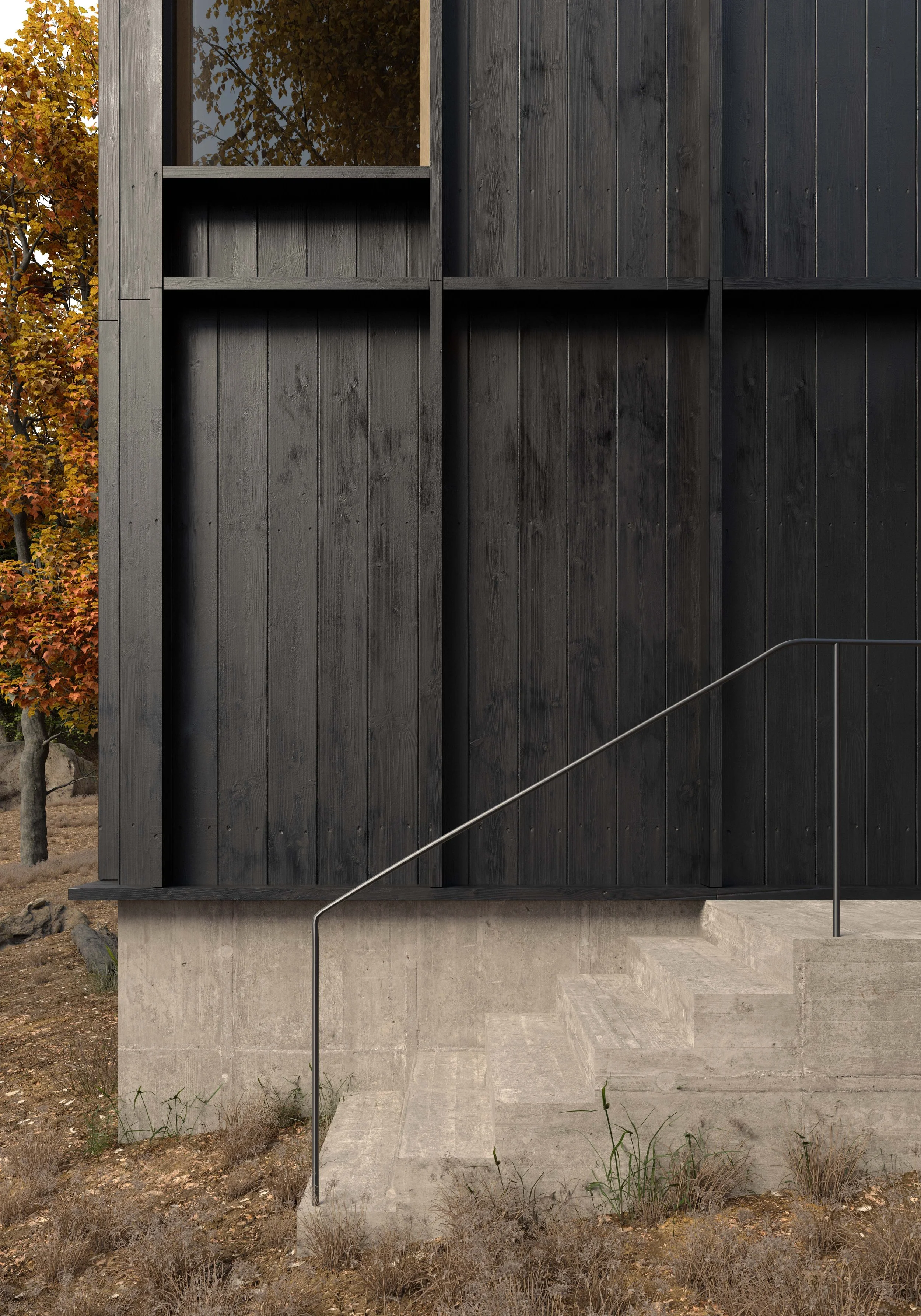 Close-up of a modern black wooden building with large glass window, concrete steps, and metal handrail, surrounded by dry grass and fall-colored trees.