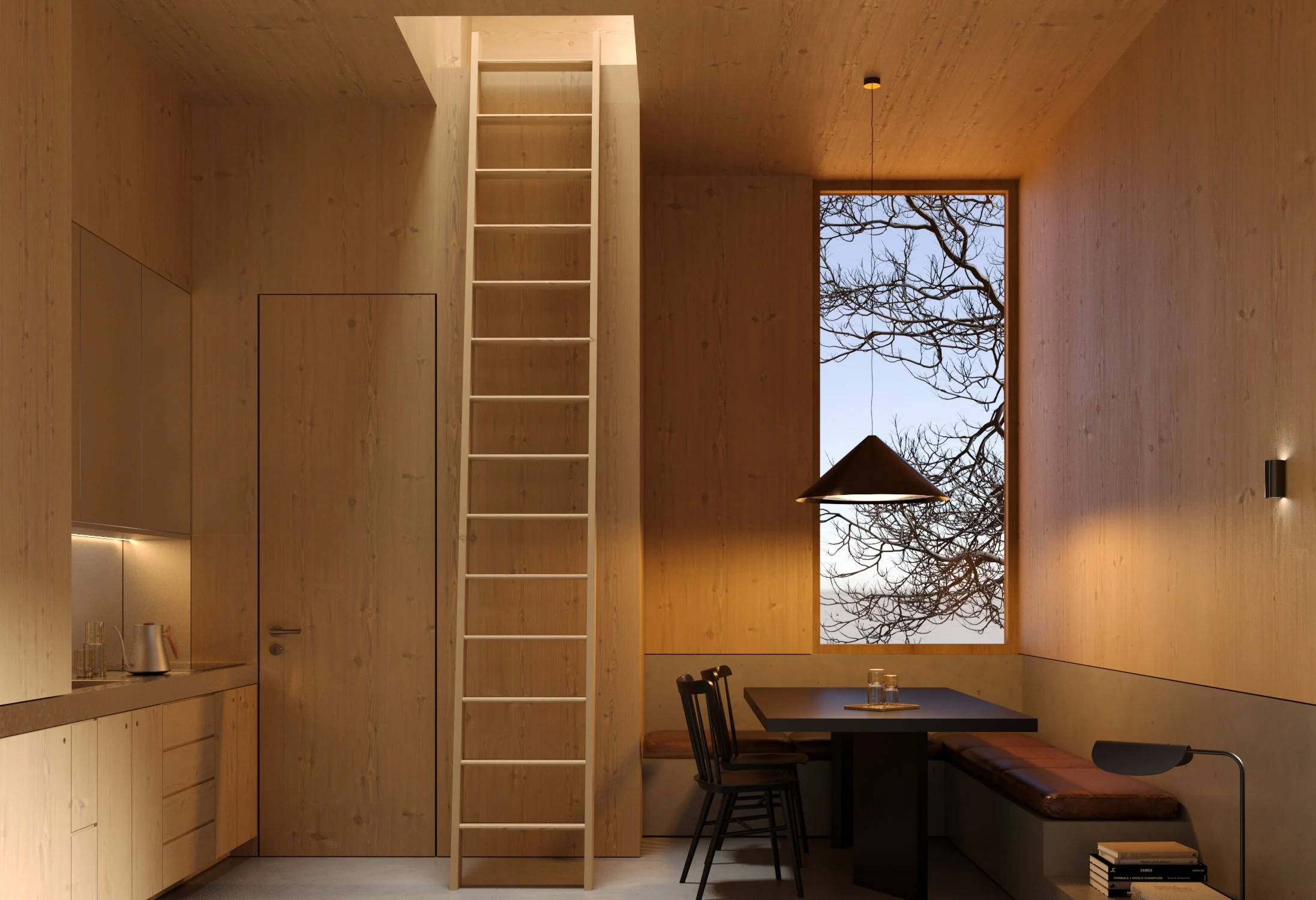Interior of a modern home with wood-paneled walls and ceiling, featuring a tall, narrow ladder leading to an upper level, a large window with a view of tree branches, a dining area with a bench and chairs, and pendant lighting.