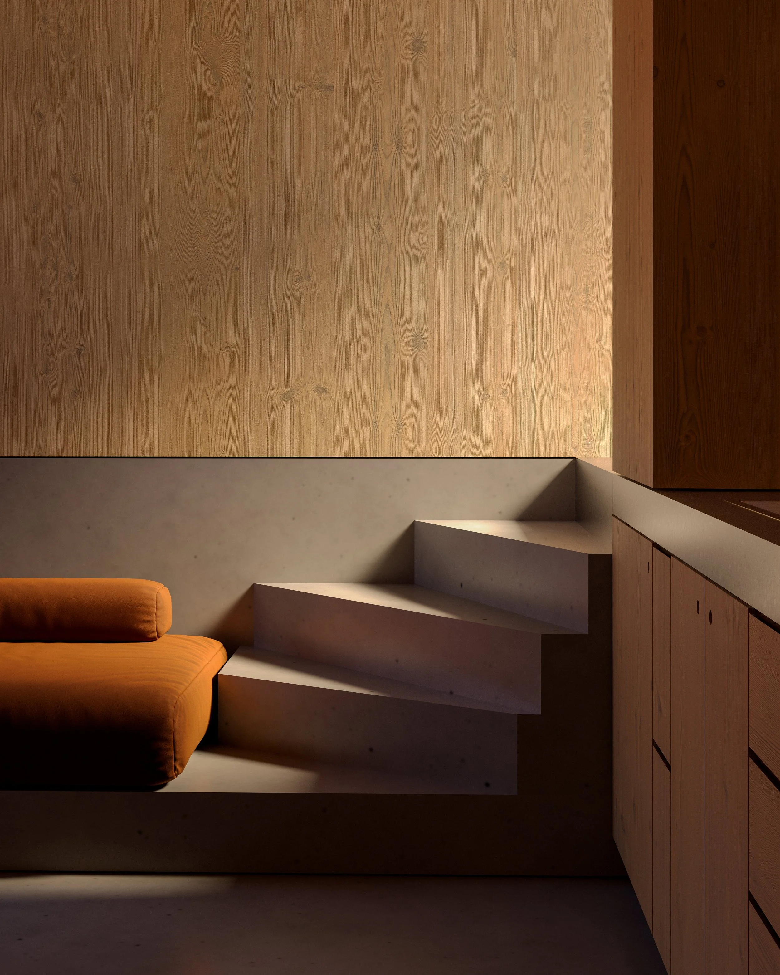 A contemporary interior corner featuring a wooden wall with a split design, a beige concrete wall, a staircase with concrete steps, and an orange upholstered sofa.