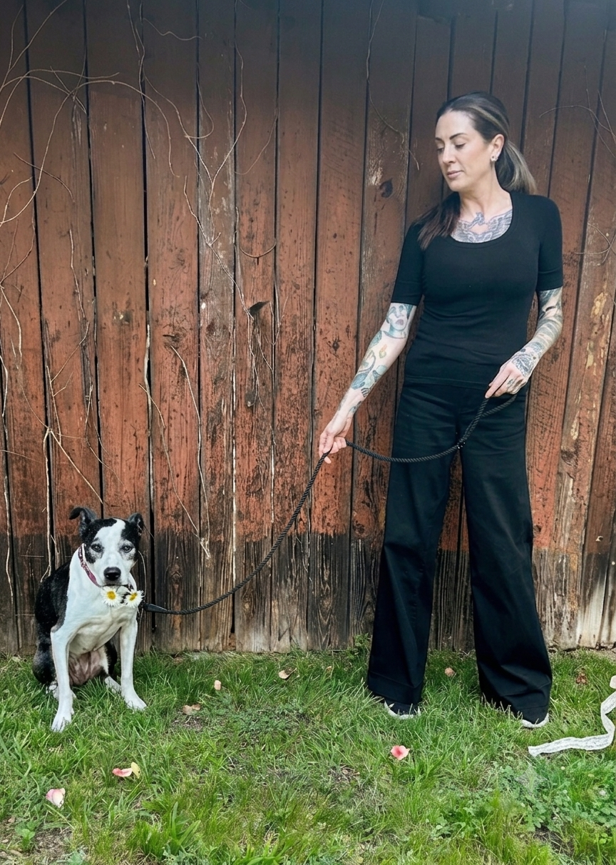 A woman standing on a grassy yard, holding a leash attached to a black and white dog sitting on the grass. The woman is wearing a black top and black pants, and they are in front of a wooden fence with some vines.