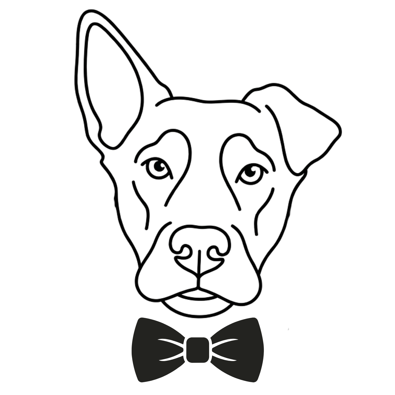 Line drawing of a dog with one raised ear and one floppy ear, wearing a bow tie