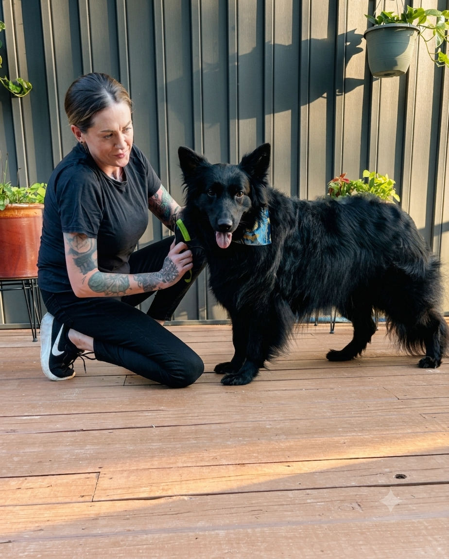 A woman crouching down on a wooden deck, holding a black dog with a colorful bandana, against a metal fence with potted plants.