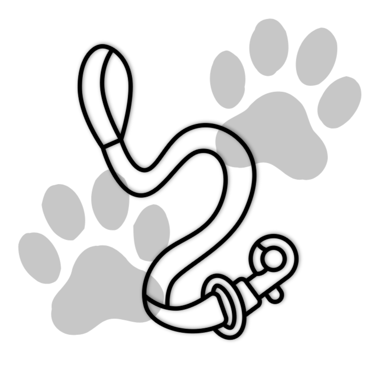 Paw Prints in the background with a line drawing of a leash over top
