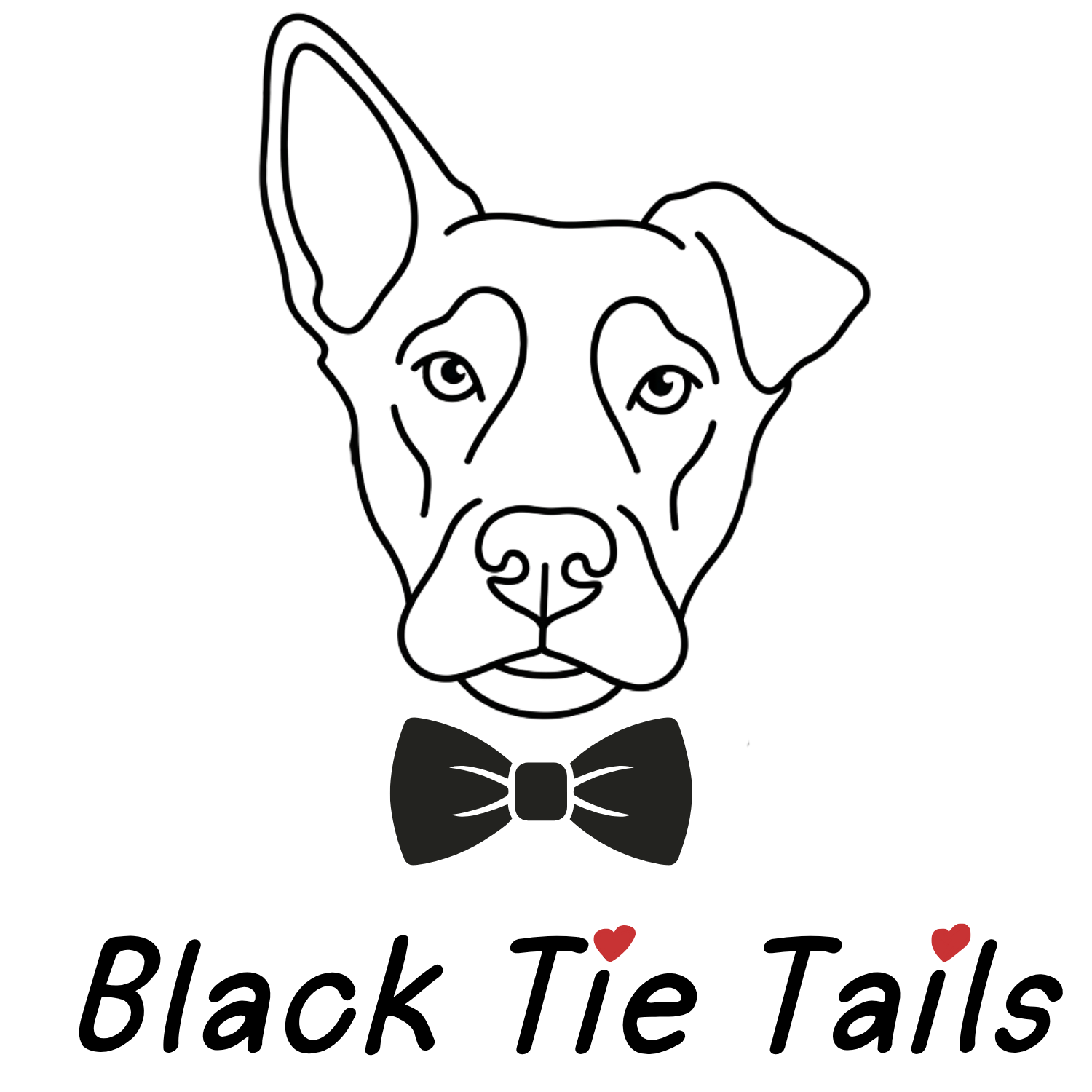 Line drawing of a dog with one raised ear and one floppy ear, wearing a bow tie, with the words Black Tie Tails underneath with red hearts over the i in the word Tie and Tails