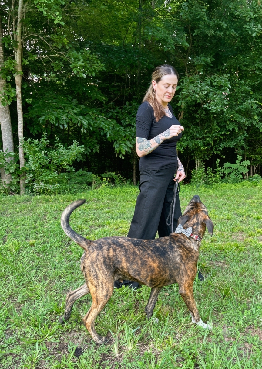 A woman stands on grass with a leash in her hand, looking down at a brindle-colored dog wearing a bow tie collar that is looking up at her. They are in a green outdoor area with trees and bushes in the background.